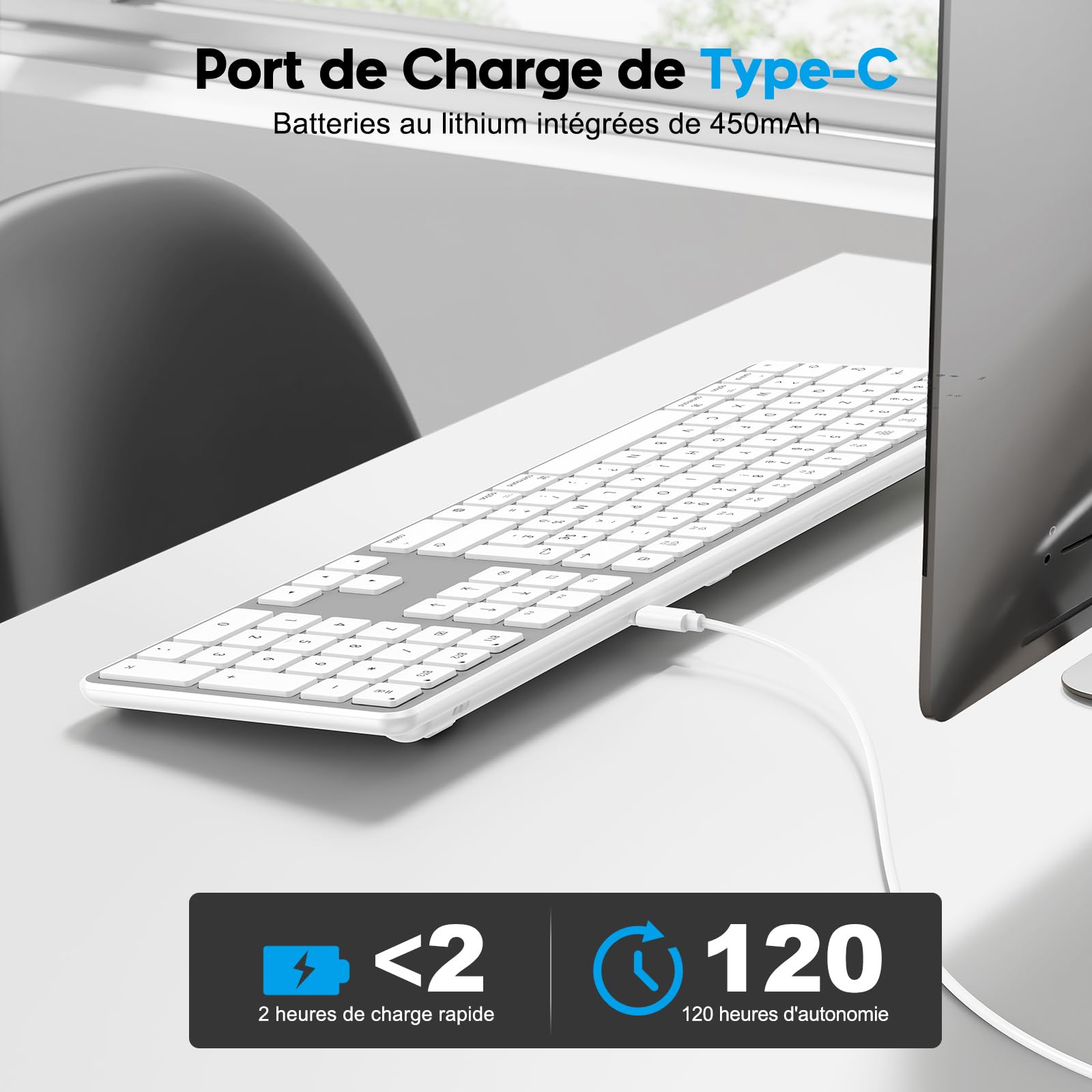 OMOTON Clavier Bluetooth sans Fil pour Mac AZERTY Français, Argent | Rechargeable, Multi-dispositifs avec 3 Canaux Bluetooth pour Apple MacBook Pro/Air, Mac Pro/Mini, iMac