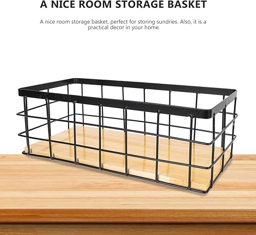 Miniatura 7 de STOBAZA Contenedor pequeño de alambre de metal, cesta de almacenamiento con base de madera, cesta organizadora, estante de especias para armarios de