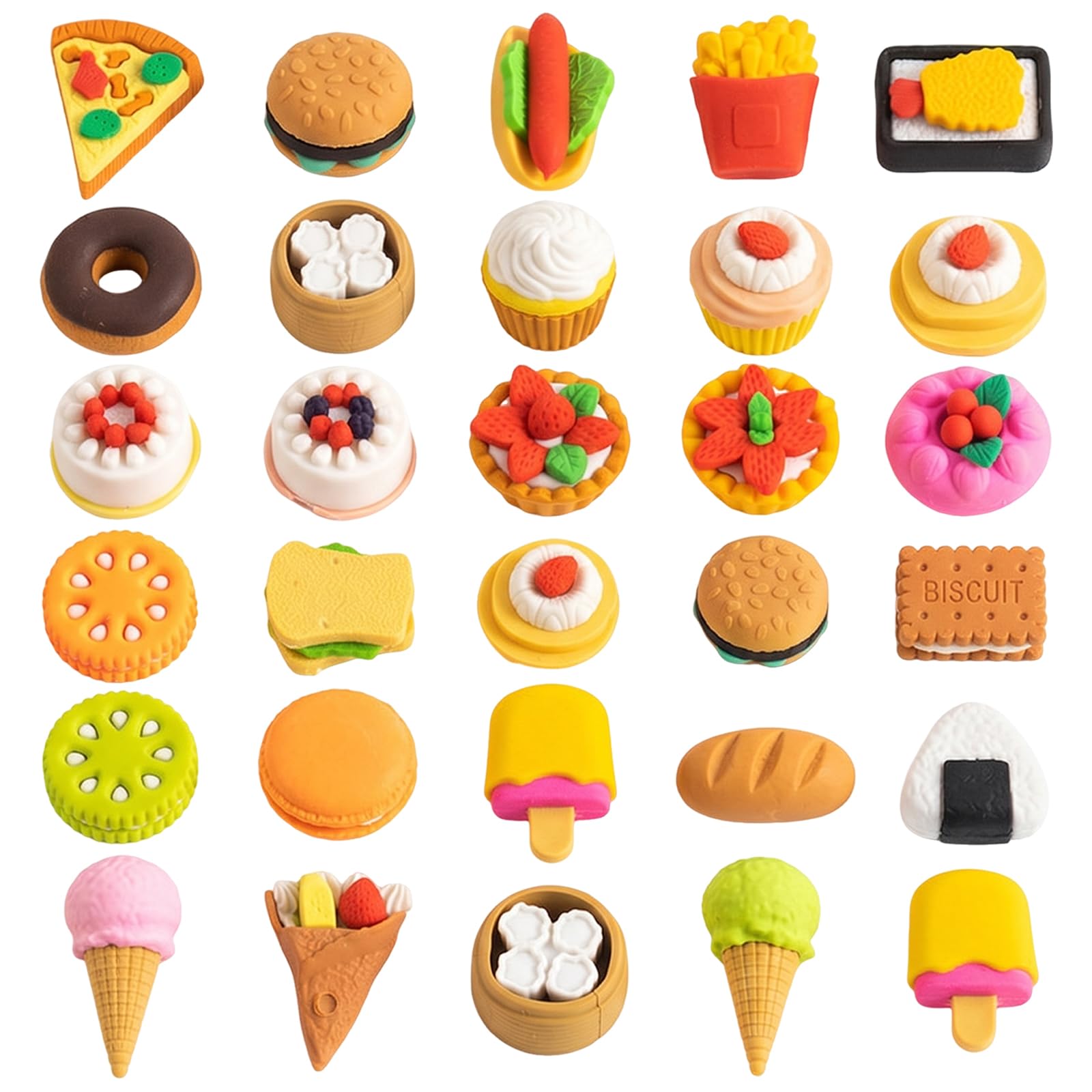 30 Pcs Gomas de Borrar Divertidas para Niños, Mini Gomas de Borrar con Forma de Comida en Caja, Borradores de Lápiz para Premios Escolares, Regalos de Cumpleaños y Suministros de Papelería