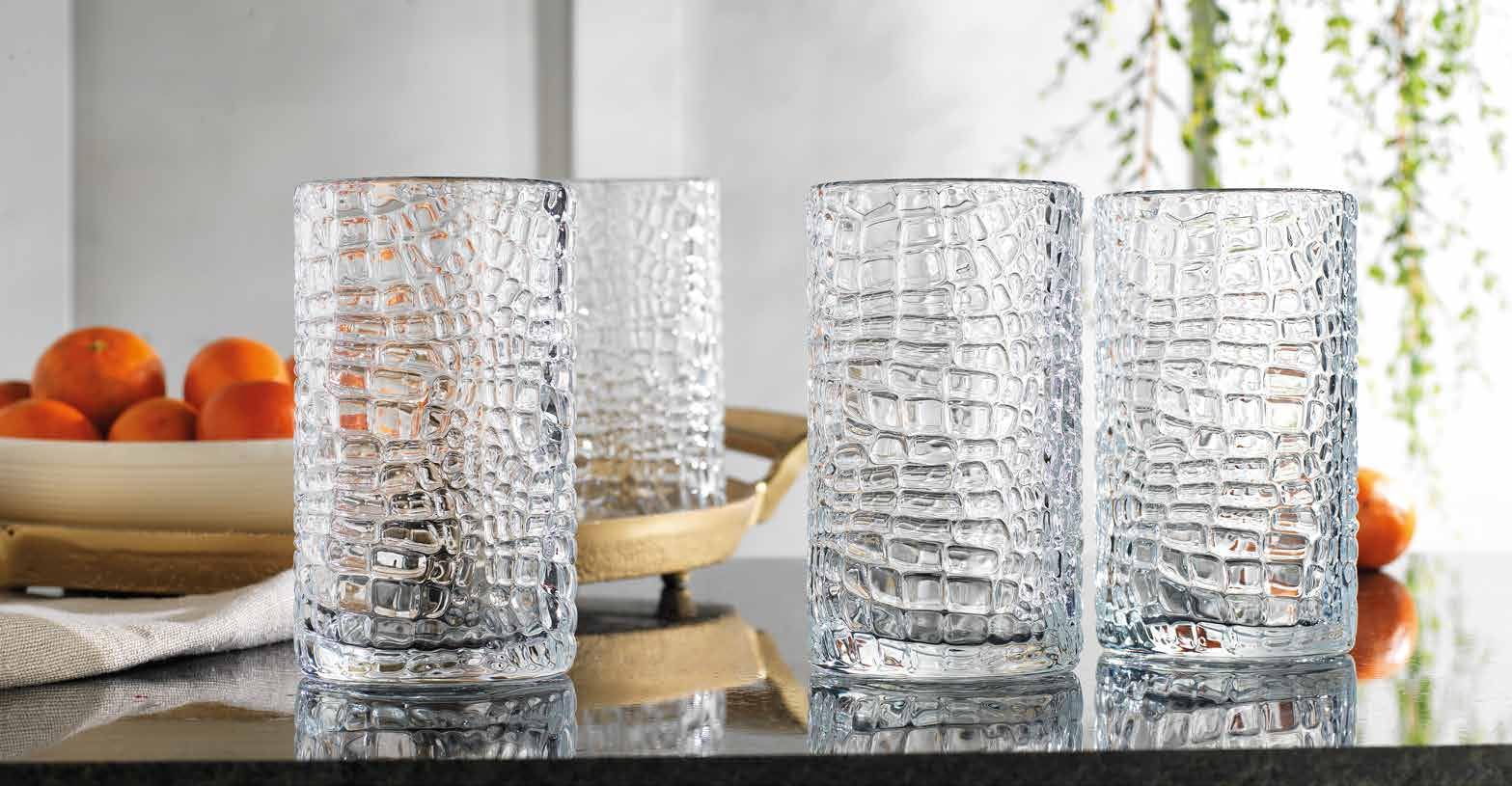 Glaver's Highball-Trinkgläser, transparent, 425 ml, lackiertes Crackle-Design, strukturierte Trinkgläser, robuste Premium-Gläser für den täglichen Gebrauch zu Hause, in der Bar, 4 Stück