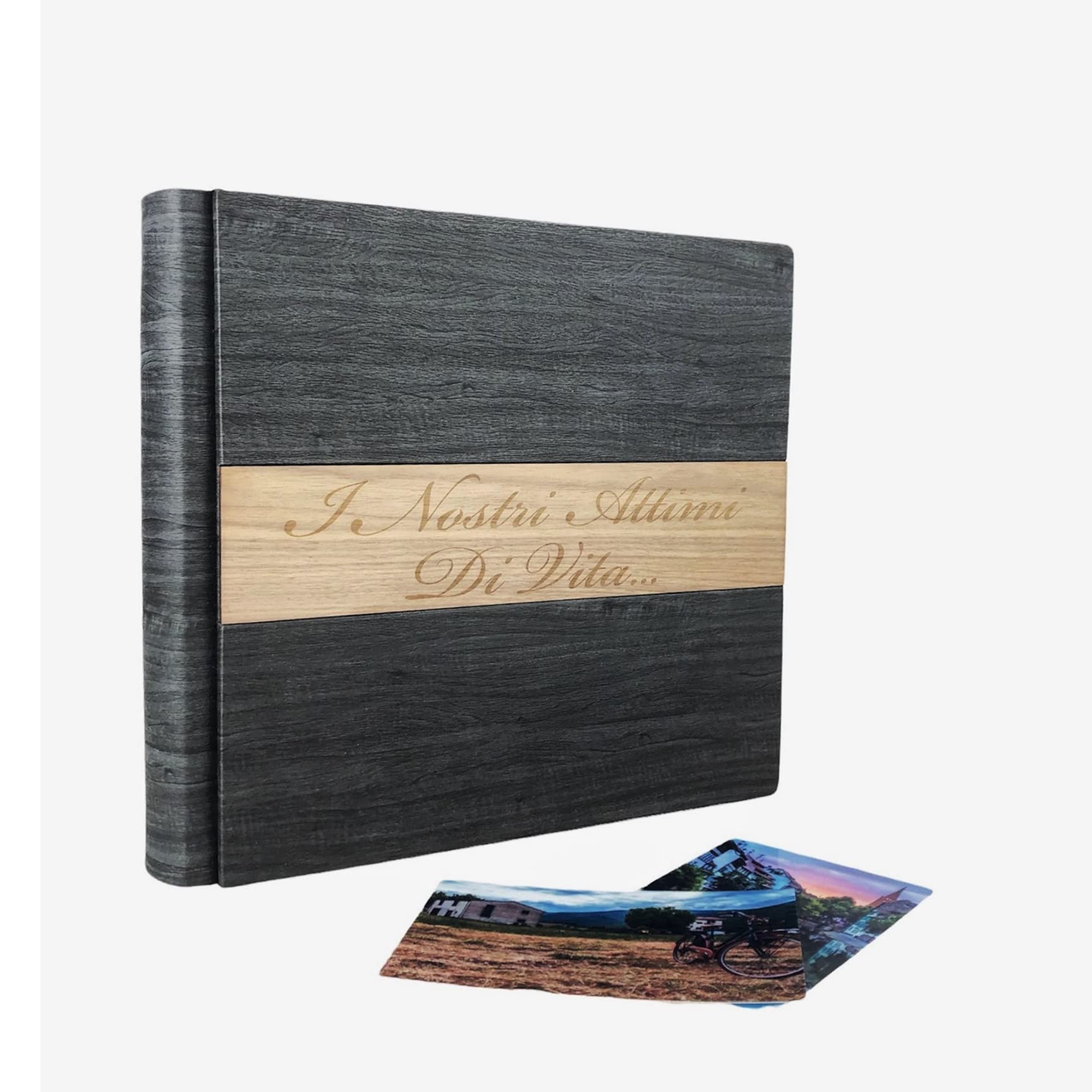 TriVin Art, Álbum de Fotos en Polipiel, con Aplicación de Madera Personalizable con Grabado. Ideal para Bautismo, Boda, Comunión y foto recuerdo.