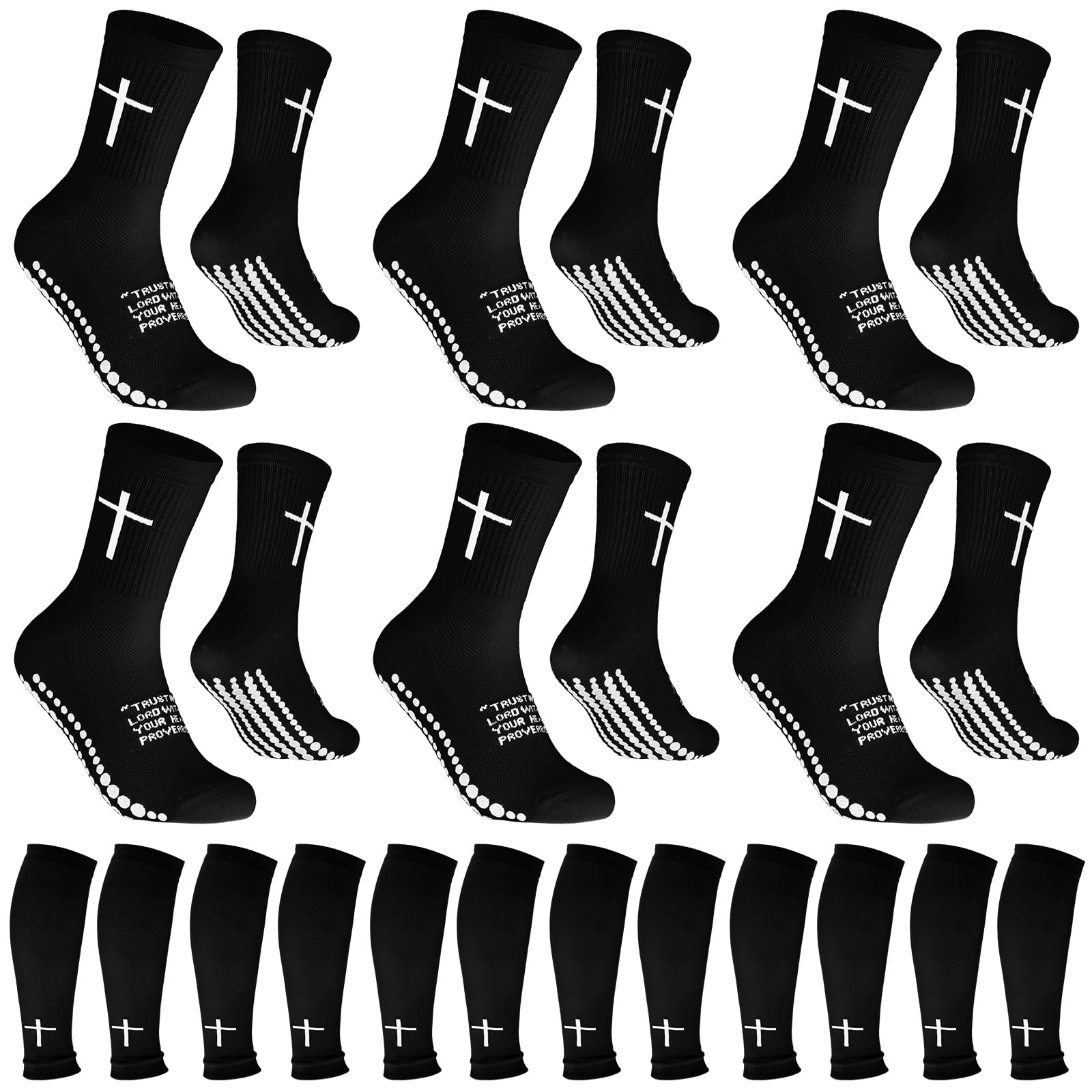 12 Pairs Cross Grip Soccer Socks Soccer Shin Guard Sleeves Non Slip Christian Socks with Bible Verse for Men Women
