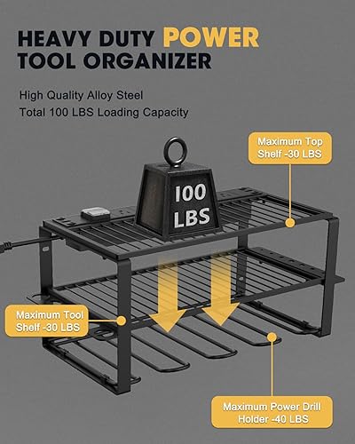 Miniatura 6 de Organizador de herramientas eléctricas de montaje en pared y estación de carga, 6 salidas de CA, 3 capas para taladros, ideal como estante de