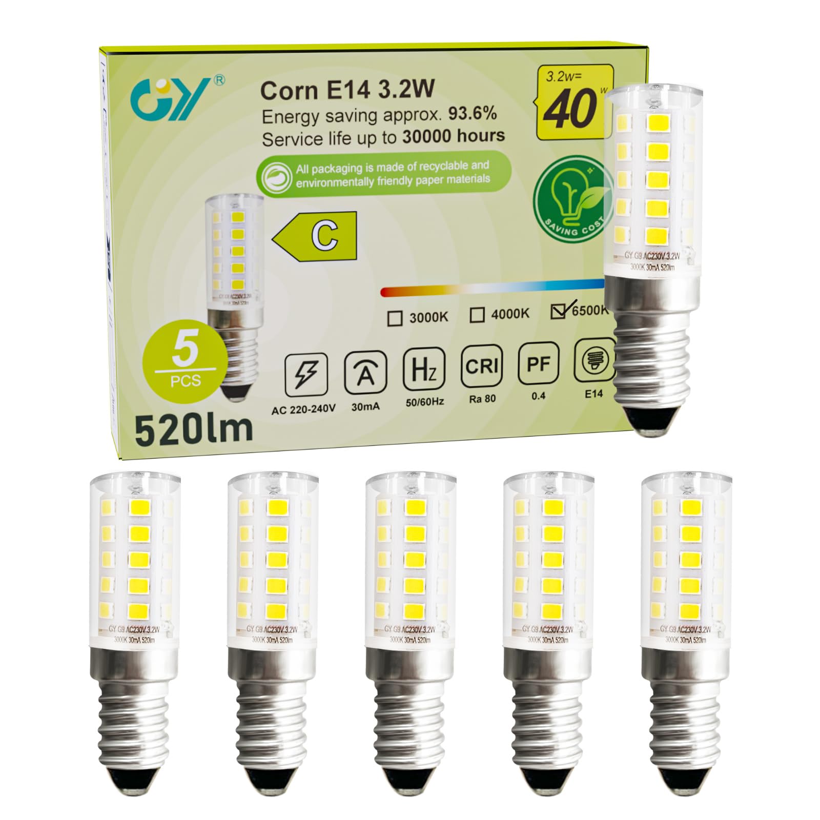 GY GY E14 LED Corn Light Bulb 3.2W Fridge High Energy Efficiency(40W Equivalent),Cool White 6500K,520LM,Non-dimmable Small Screw Lamps for Home Refrigerator/Cooker Hood/Night Light, 5 Pack