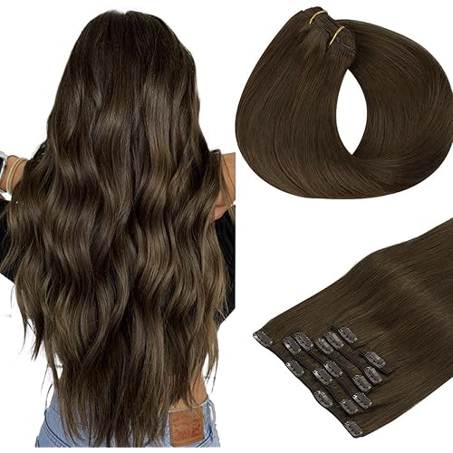 HOTBANANA Human Hair Clip in Hair Extensions, Chocolate Brown 75g Clip in Hair Extensions Real Human Hair Straight Remy Hair Clip in Hair Extensions 12 Inch 7pcs