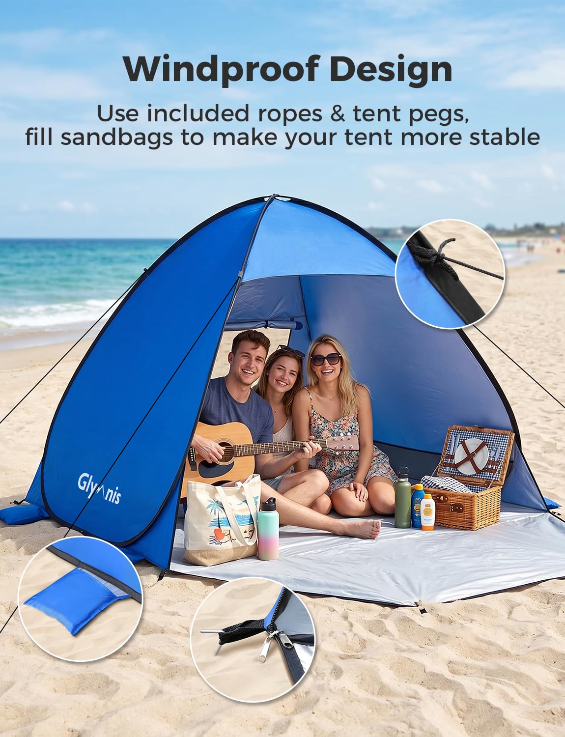 Glymnis Tenda da Spiaggia Pop-up UPF 50+ per 2-4 Persone con Cerniera Istantanea e Borsa