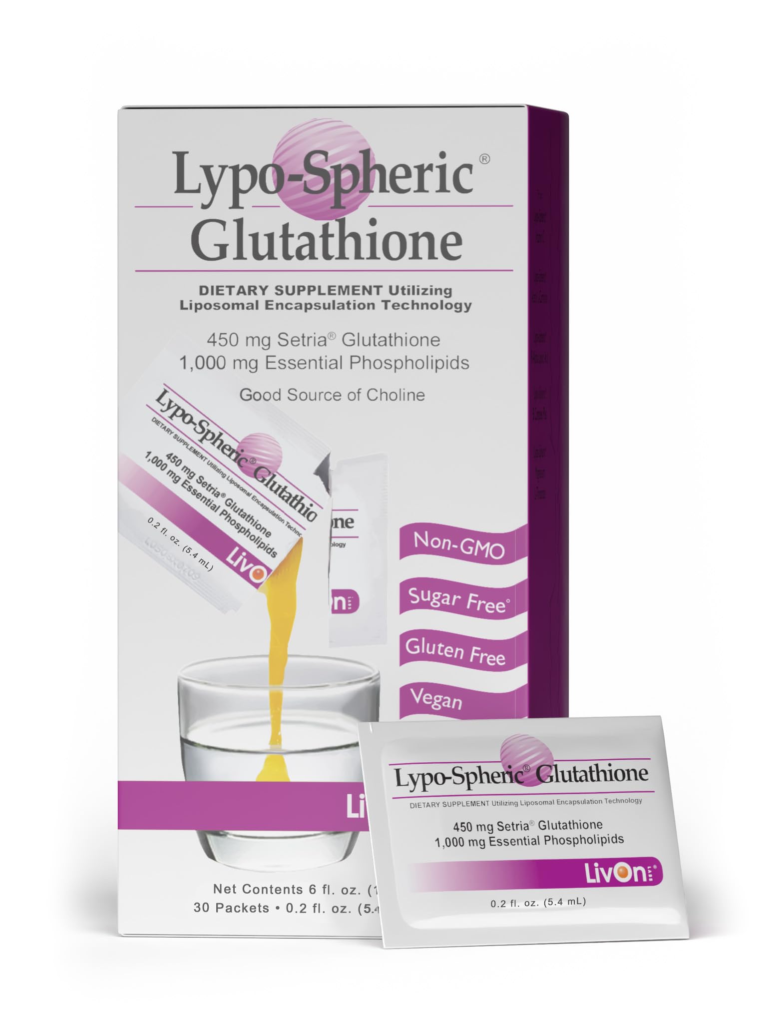LivOn Laboratories Lypo-Spheric Glutathione - 30 Packets – 450 mg Glutathione Per Packet – Liposome Encapsulated for Maximum Bioavailability – Professionally Formulated – 100% Non-GMO