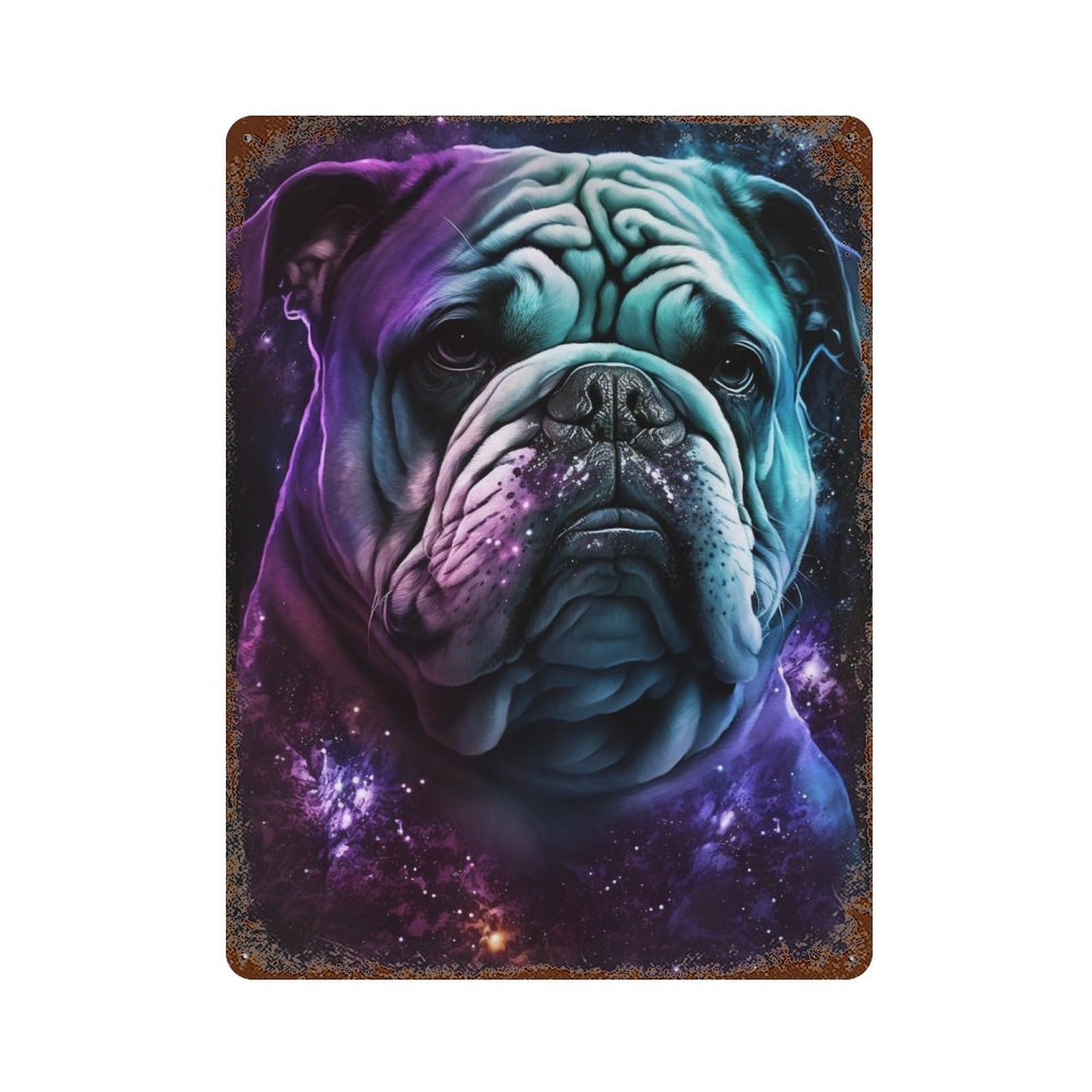 Cosmic Bulldog Portrait 15.7"x11.8" Distressed Metal Wall Sign, Shabby Chic Decor for Shed, Workshop And Garage Wall Decor