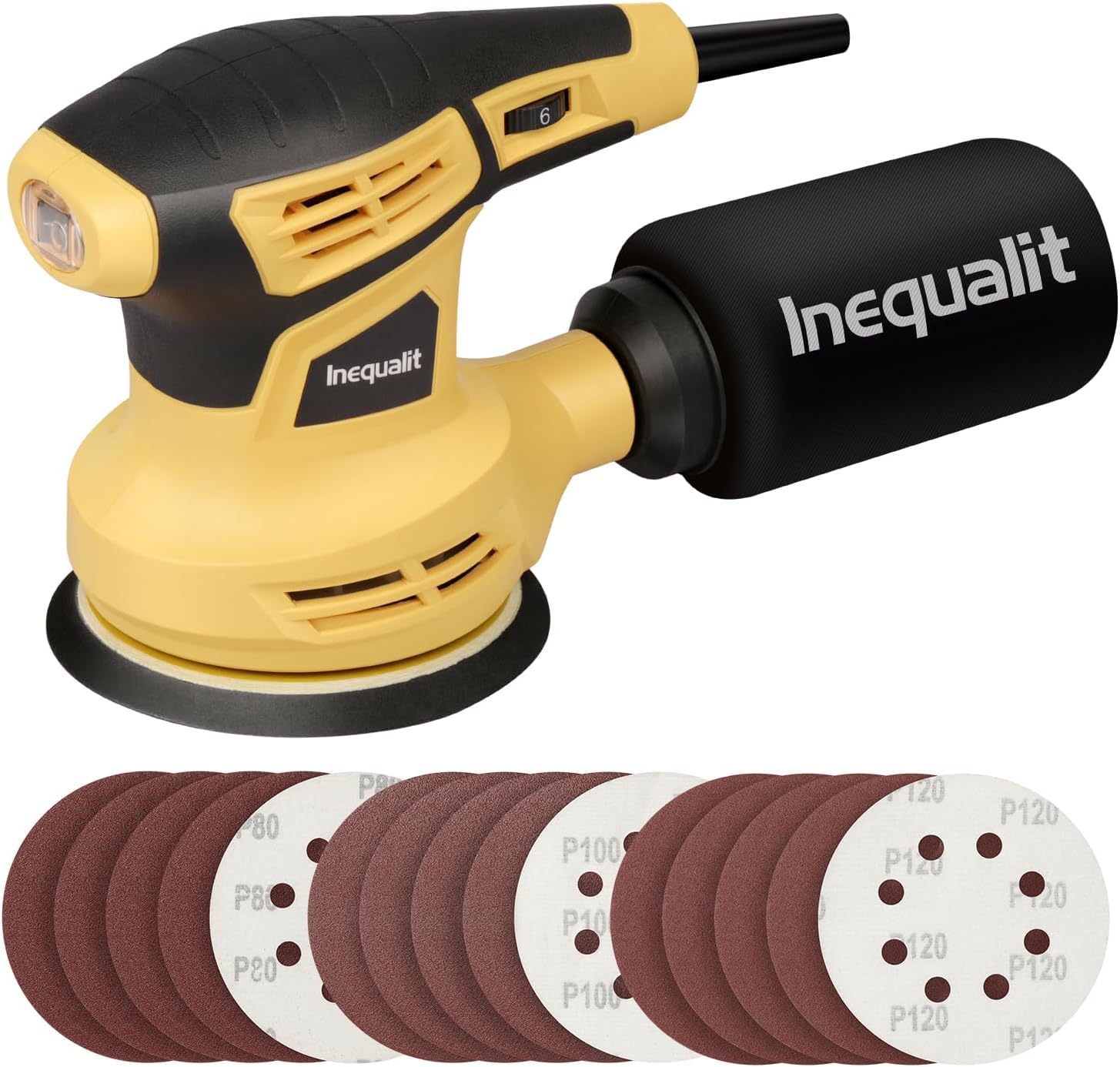Ponceuse Orbitale Excentrique 280W, Inequalit Ponceuse Excentrique à 6 Vitesses (13000RPM),pour Surfaces en Bois et Acier,Collecteur de Poussière,Inclus Papier Abrasif 15 Pièces 125 mm,Jaune