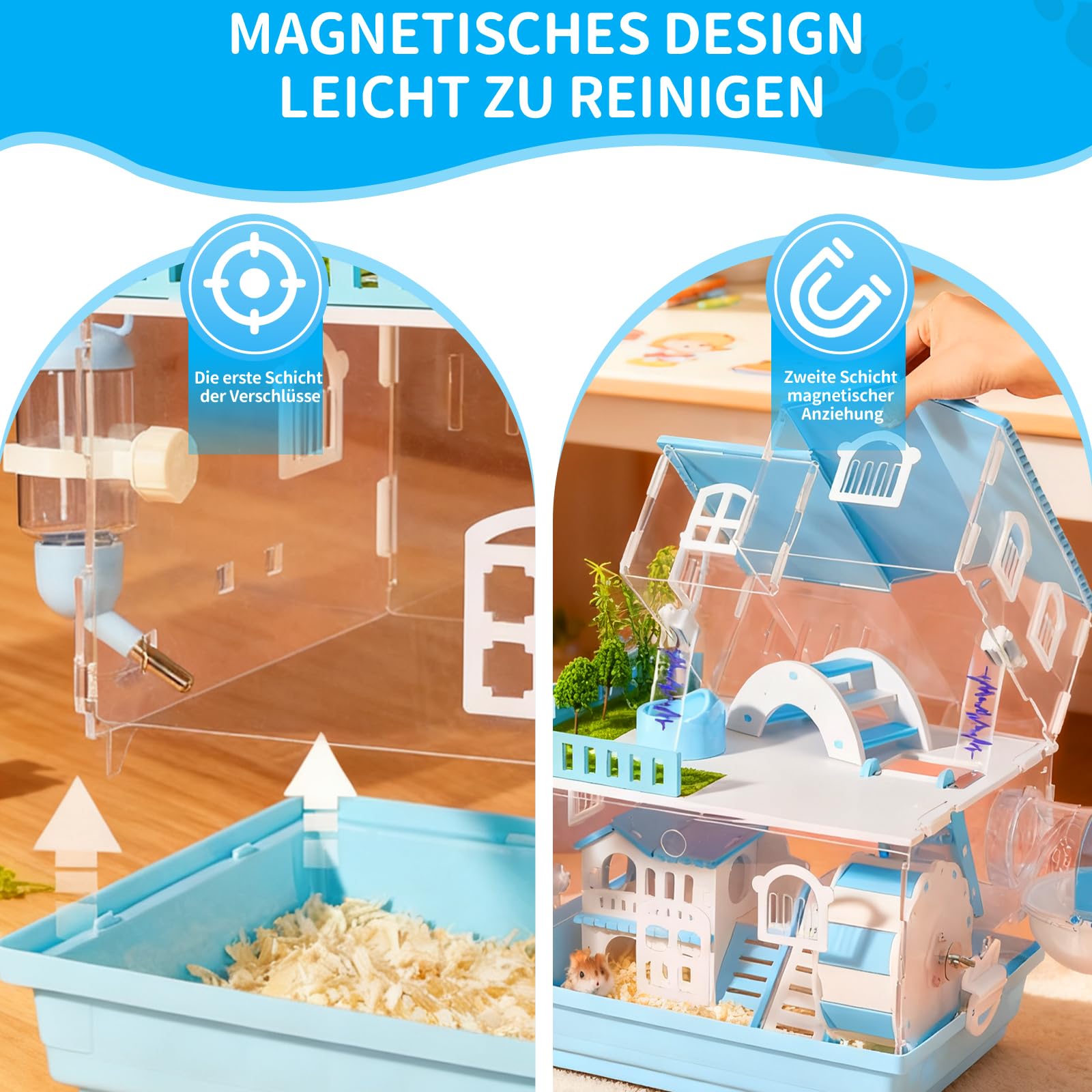 Jaula acrílica para hámster de 35 x 26 x 51 cm, diseño magnético para hámster, con botella de agua, cuenco para alimentos, rueda, bañera y puente colorido, base extraíble, color azul