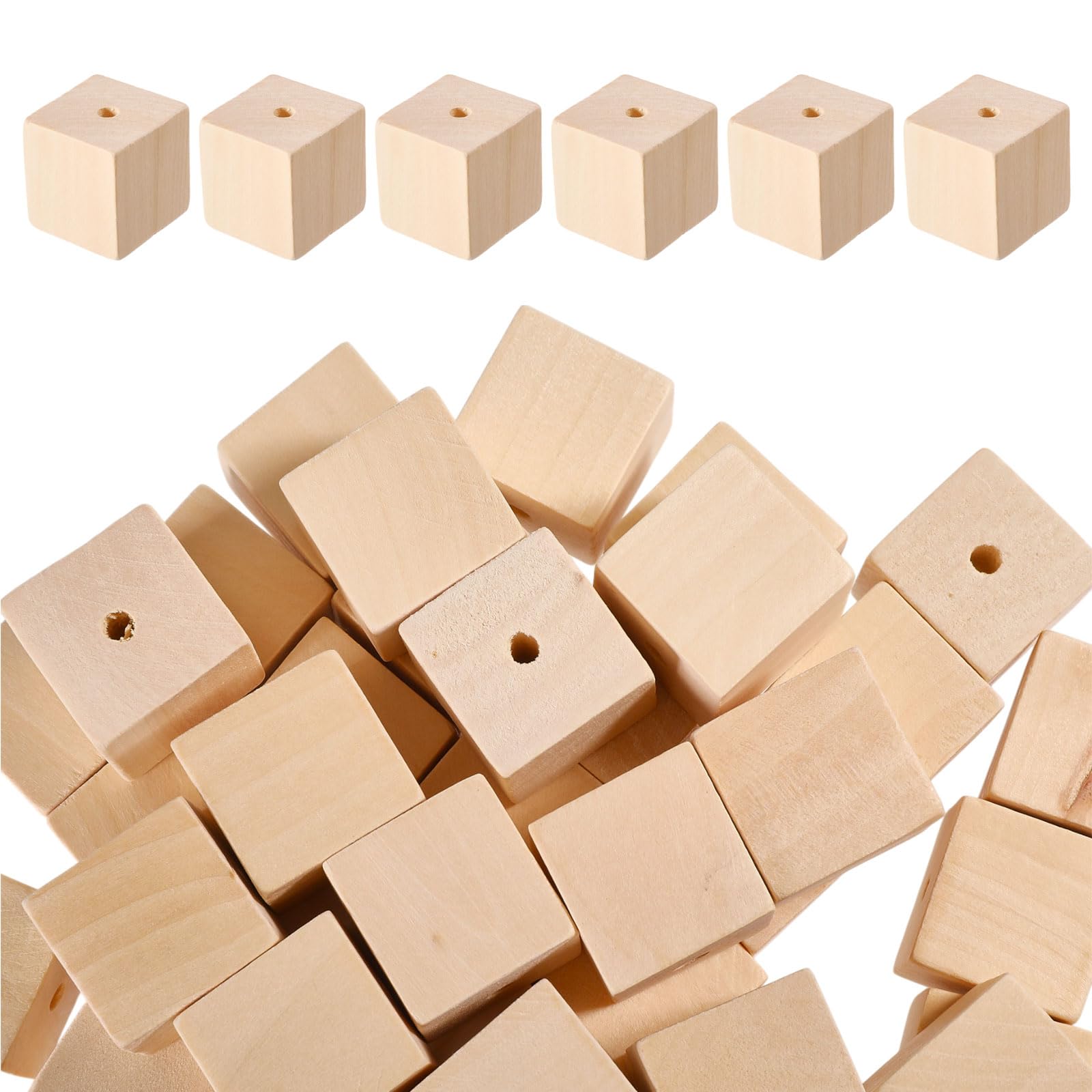 beinkmake 60Pcs Wood Craft Cubes with Holes 1 inch Unfinished Square Solid Wooden Blocks Square Square Beads for Crafts Jewelry Creations DIY Projects