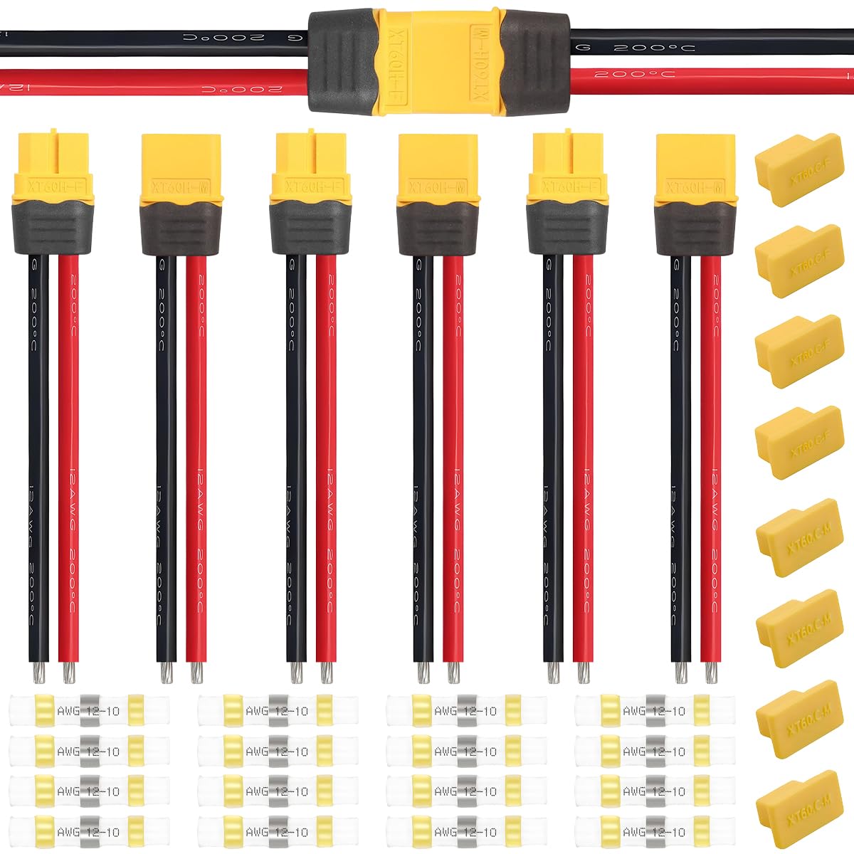 ZHUROUPU 4Pairs XT60H Extension Cable Male Female Plug Connector with 10cm/3.9inch 12AWG Cable, XT60H PA66 Adapter with Silicone Cable with Heat Shrink Tube for RC Lipo Battery FPV Drone Car Boat