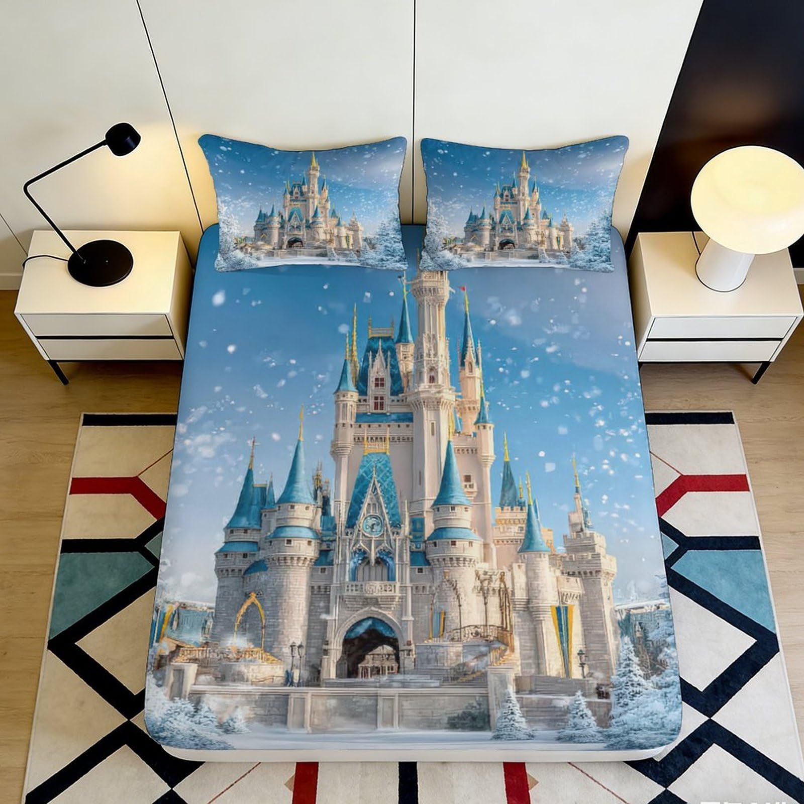 3D Printed Castle Fantasy Fitted Sheet Microfiber Bedroom Decor Snow Magic Mattress Cover for Home Dorm 90x200x25cm