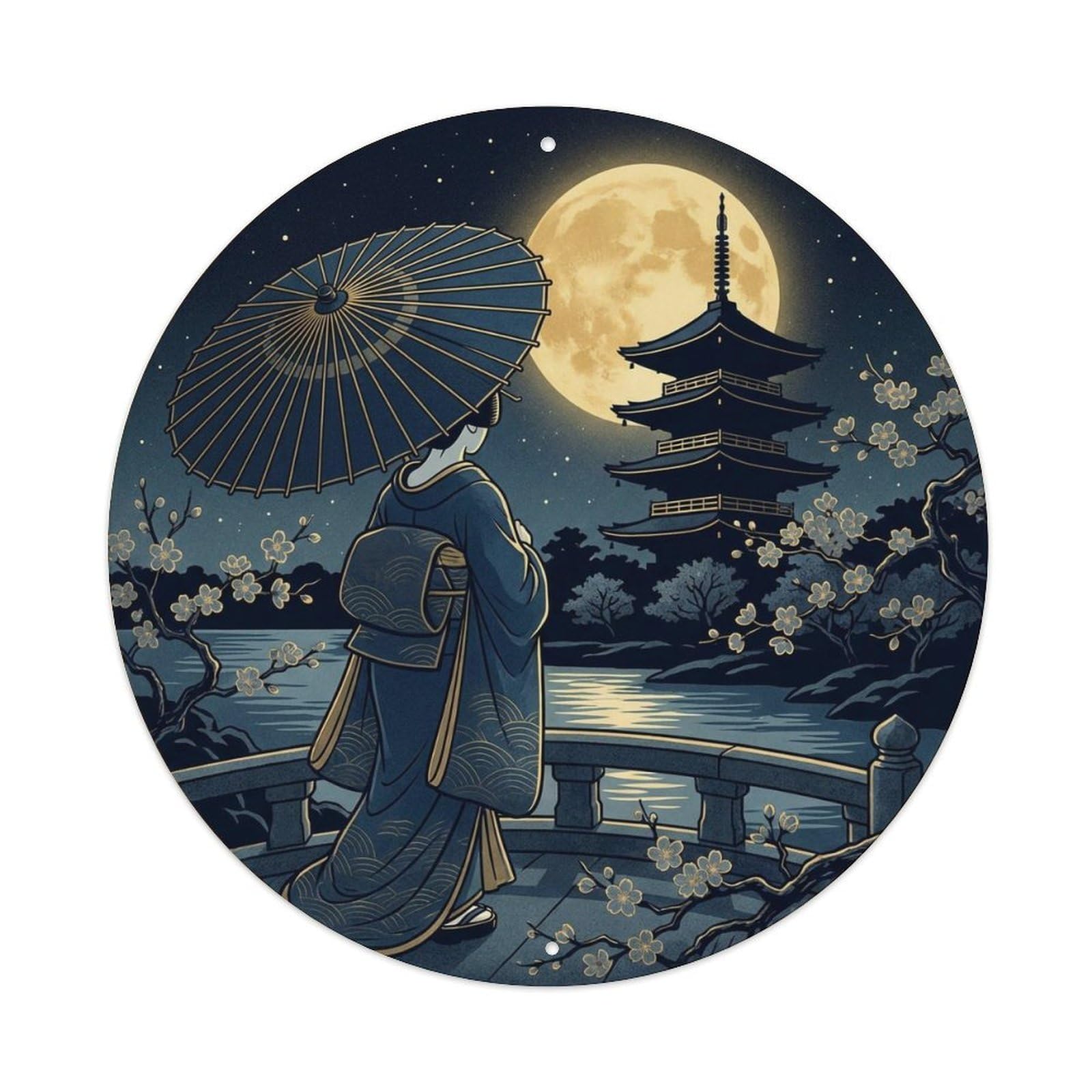 Yrnq 8X8inch Vintage Style Japanese Kimono Lady Pagoda Moonlight Serene Motif Metal Tin Sign