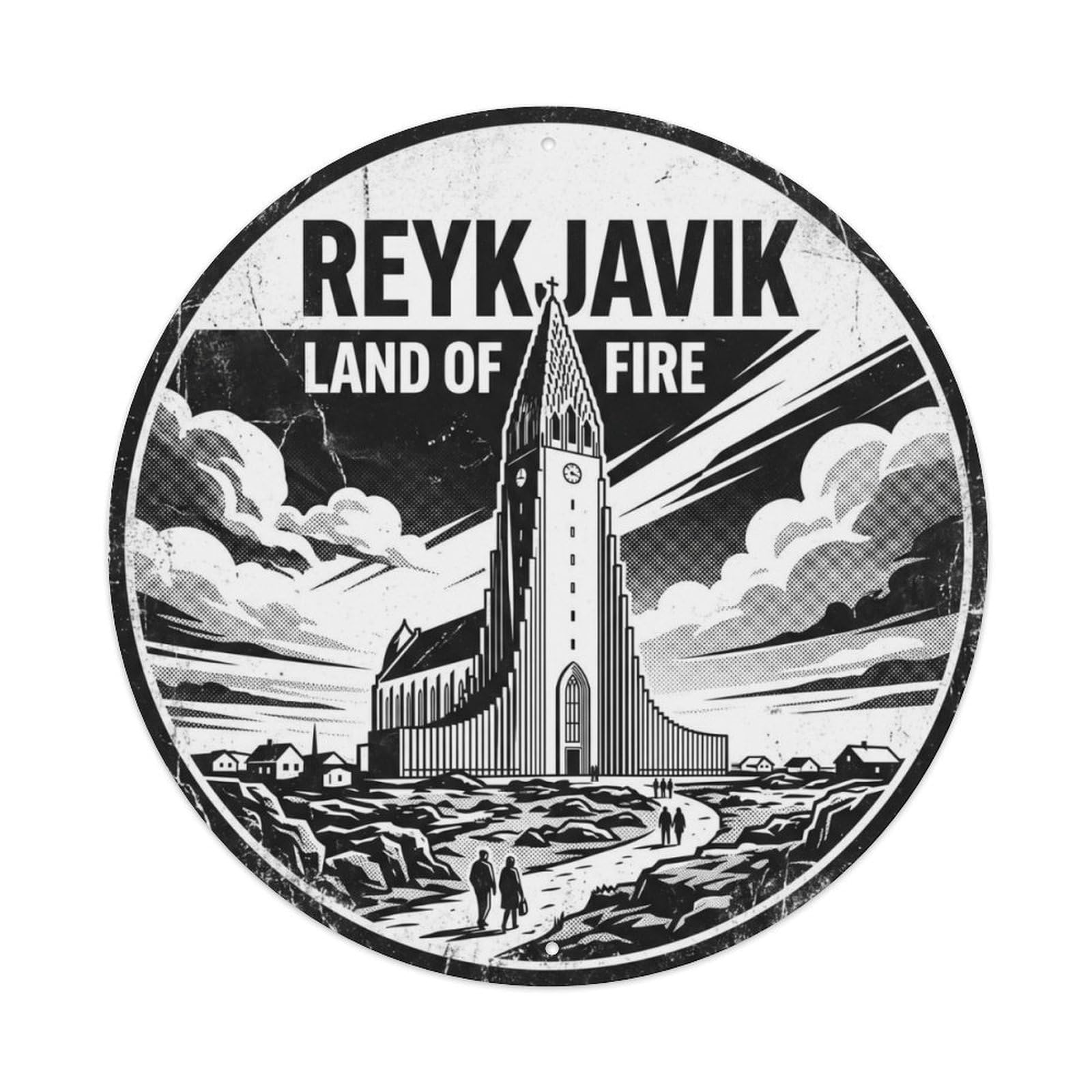 Vintage Travel Reykjavik Iceland Church Metal Tin Sign Plaque Wall Decor for Cafe, Club Bar, Office, Home Garden Round Metal Poster 8x8Inch
