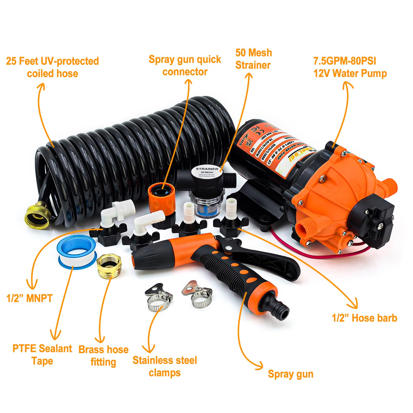 80PSI 7.5 GPM Washdown Pump Kit - 12V Marine Self Priming Water Pump With Pressure Switch High Performance Rv Fresh Water Pump For Boats Campers Travel Trailers Sprayers And Yachts