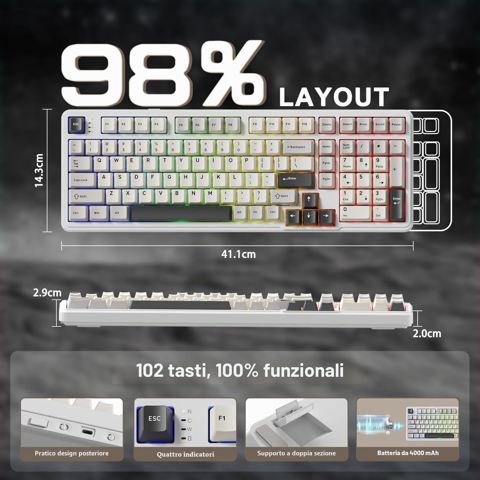 MAMBASNAKE x Attack Shark X98 Tastiera meccanica Gasket 102 tasti, tastiera da gioco wireless con cavo a spirale, Tri-Mode 2.4G/BT/USB-C, switch lineare hot-swap, RGB, NKRO per Win/Mac (bianca)