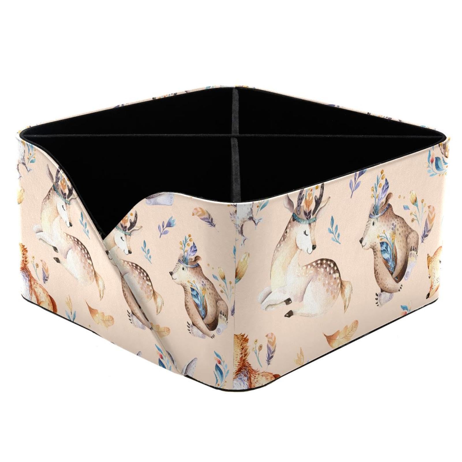 KengjuTesu Baby Animals Watercolor Cute Fox Deer Rabbit and Bear Pattern Desktop Organizer Pen Holder, Rectangular Pencil Cup for Office, Study and Makeup Stations