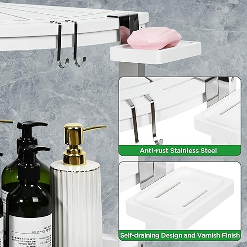 Miniatura 5 de Ollieroo 2-Tier Bamboo Corner Shower Stool for Shaving Legs, Waterproof Shower Bench with Storage Shelf and Soap Dish, Shower Chair for Inside