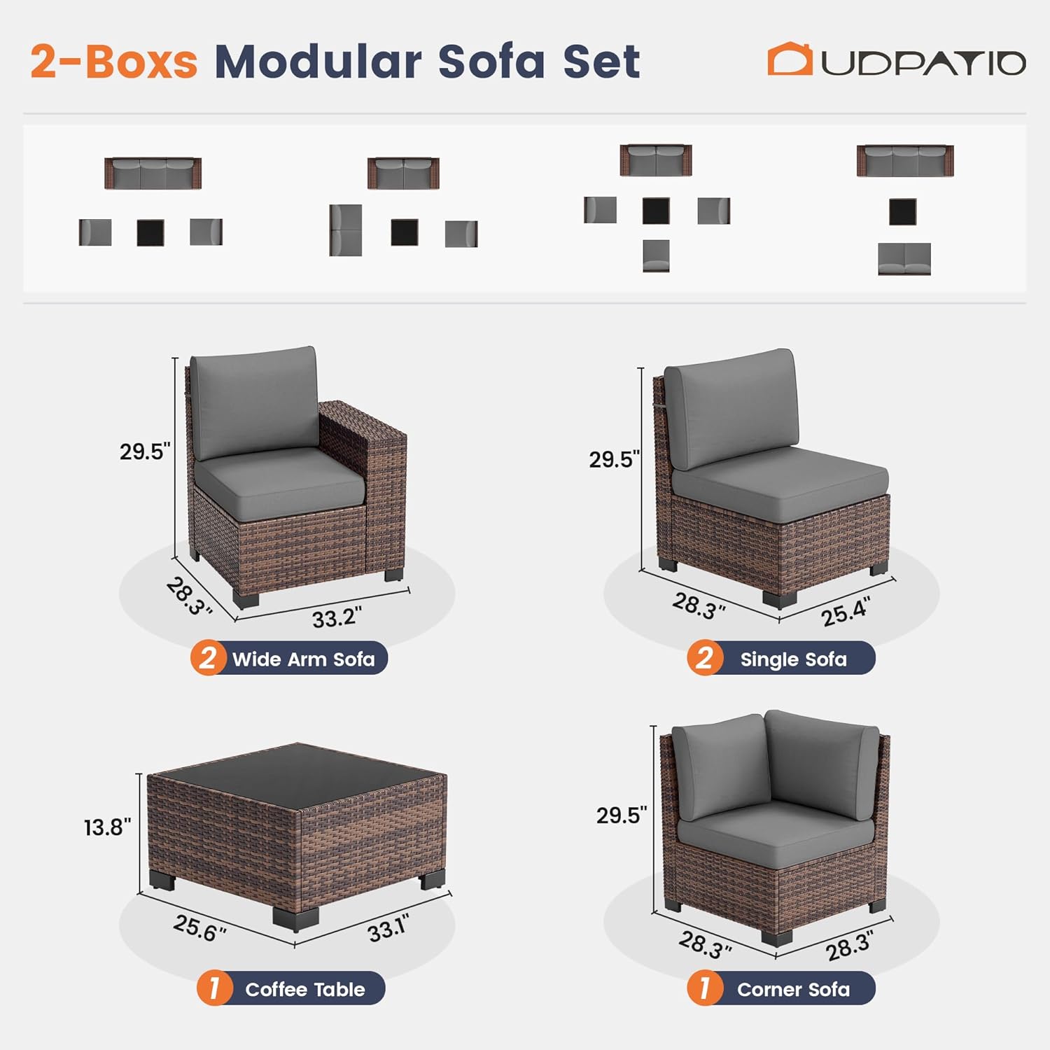 UDPATIO Patio Furniture Set, 8 Inch Armrest Outdoor Sectional Sofa with Wicker Coffee Table, 6 Piece Conversation for Garden, Backyard, Dark Grey
