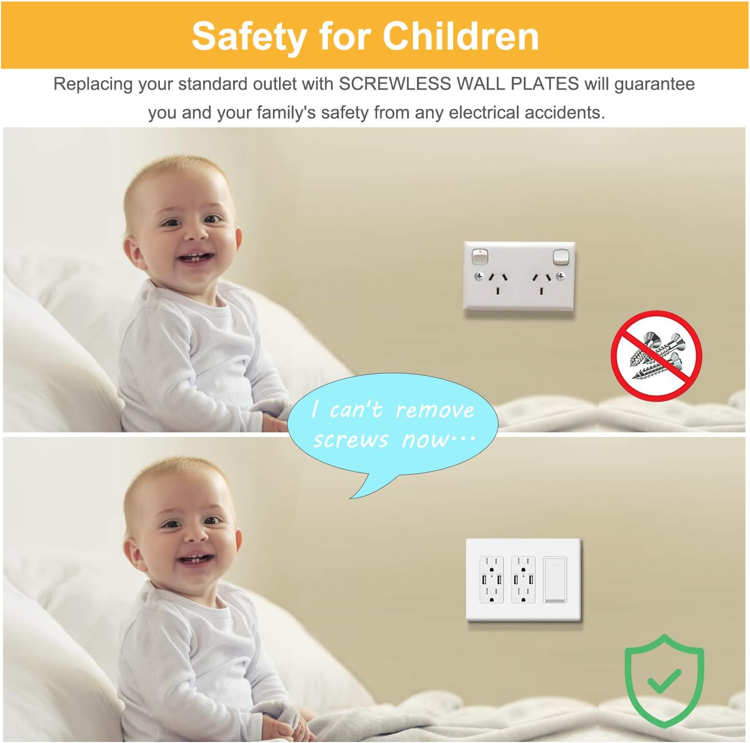 3-Gang Screwless Wall Plate Cover, Decorator Outlet Cover for Light Switches, Dimmers, GFCI, Receptacle, UL Listed, White (6-Pack)