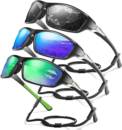 Paquete de 3 lentes de sol deportivos polarizados para hombres, gafas de sol masculinas envolventes con protección UV para ciclismo, pesca y