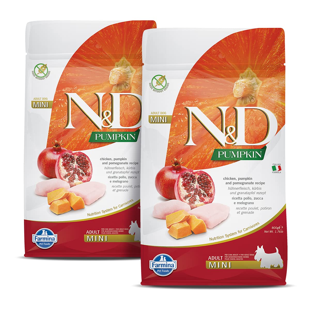 FARMINA N&D Pumpkin - Chicken & Pomegranate - Grain Free - Dog Dry Food - Adult - Mini Breed (Pack of 2, Each 800Gms)