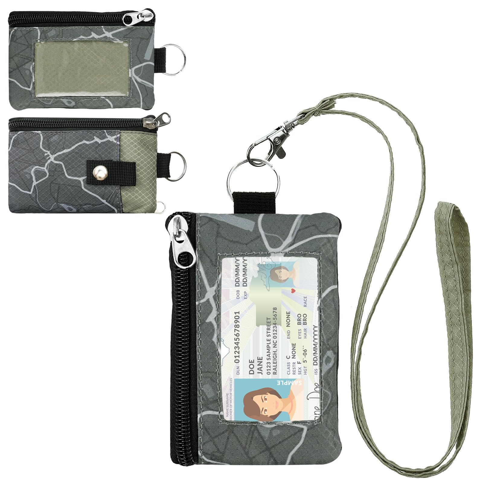 Minimalist RFID Wallet with Lanyard, Multi-functional ID Case with 2 Zipper Pockets and Key Chain for Men and Women, Tactical Badge Pouch Cards Holder, Coin Purse for Travel Sports - Two-Tone