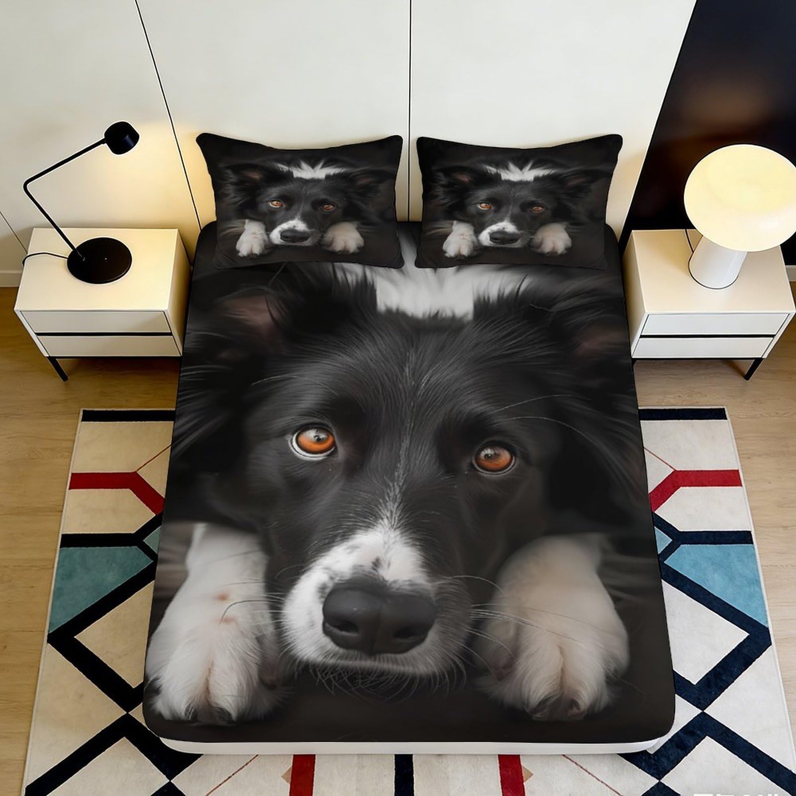 3D Printed Border Collie Fitted Sheet Microfiber Animal Dog Face Bed Cover for Bedroom Guest Room Mattress Decor 90x200x25cm
