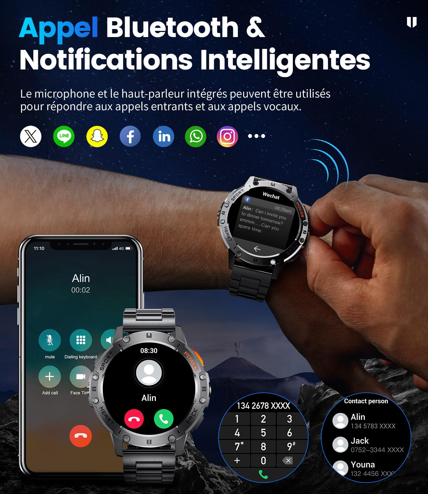 Montre Connectée Homme avec Appels Bluetooth/530 mAh, 1,43" HD AMOLED Smartwatch Homme avec 120+ Modes Sportifs/Moniteur de Fréquence Cardiaque/Sommeil/SpO2, IP68 Étanche Podomètre pour Android iOS