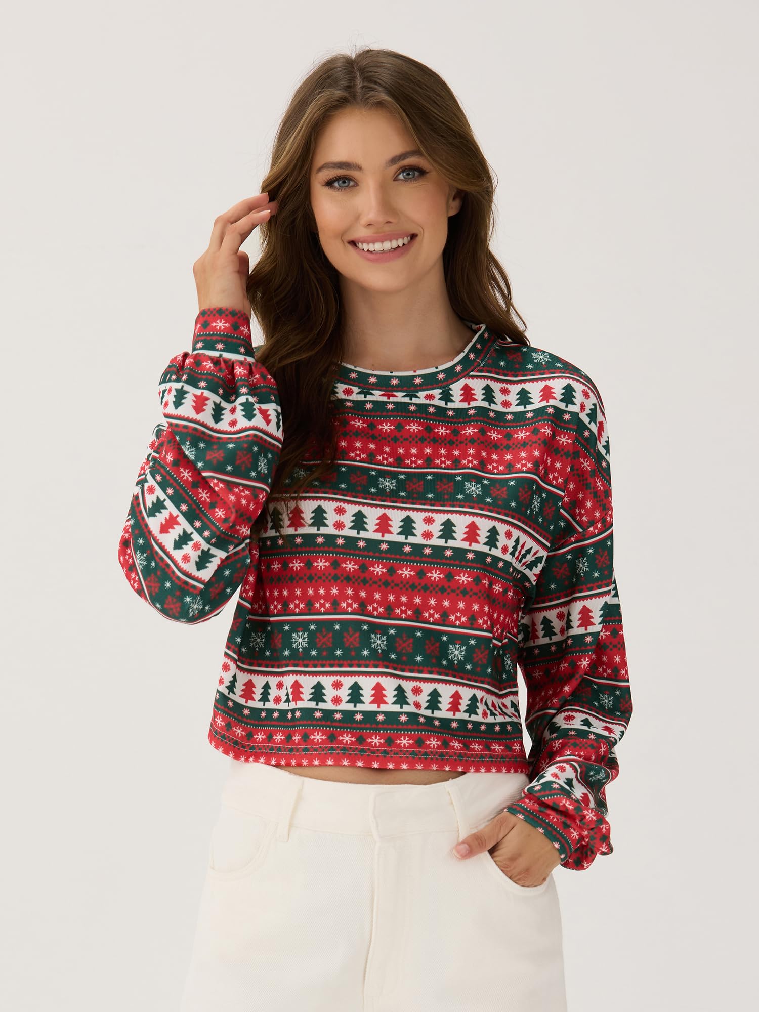 ZAFUL Women's Tribal Ethnic Graphic Cropped Knitwear Bohemian Long Sleeve Pullover Sweater Boho Drop Shoulder Knitted Top