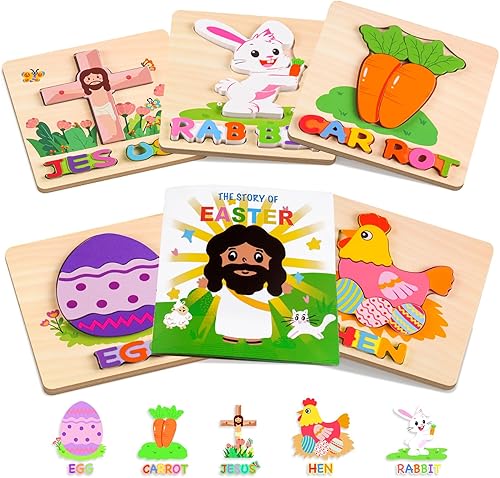 Relleno de cesta de Pascua para niños pequeños de 1, 2, 3 años, rompecabezas de madera para niños pequeños de 1 a 3 años, juguetes Montessori, 5