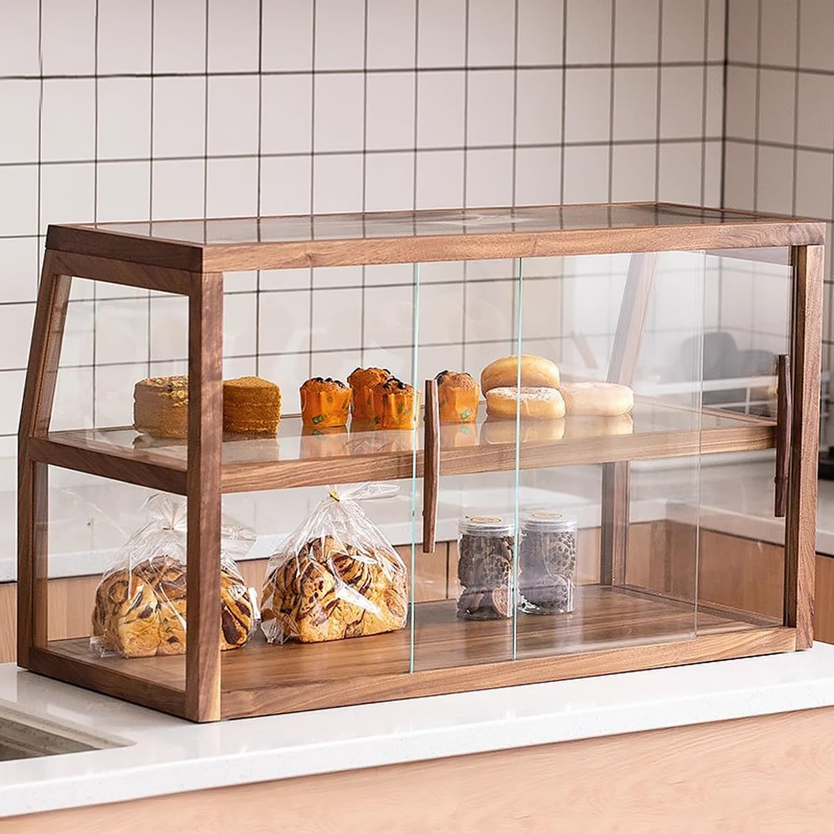 Vitrina Trapezoidal de Madera de 2 Niveles para Pasteles y Galletas, Ideal para panaderías. Exhibidor Comercial de mostrador para Tartas. Vitrina de Cristal Transparente. Caja para Pan. Armario de al