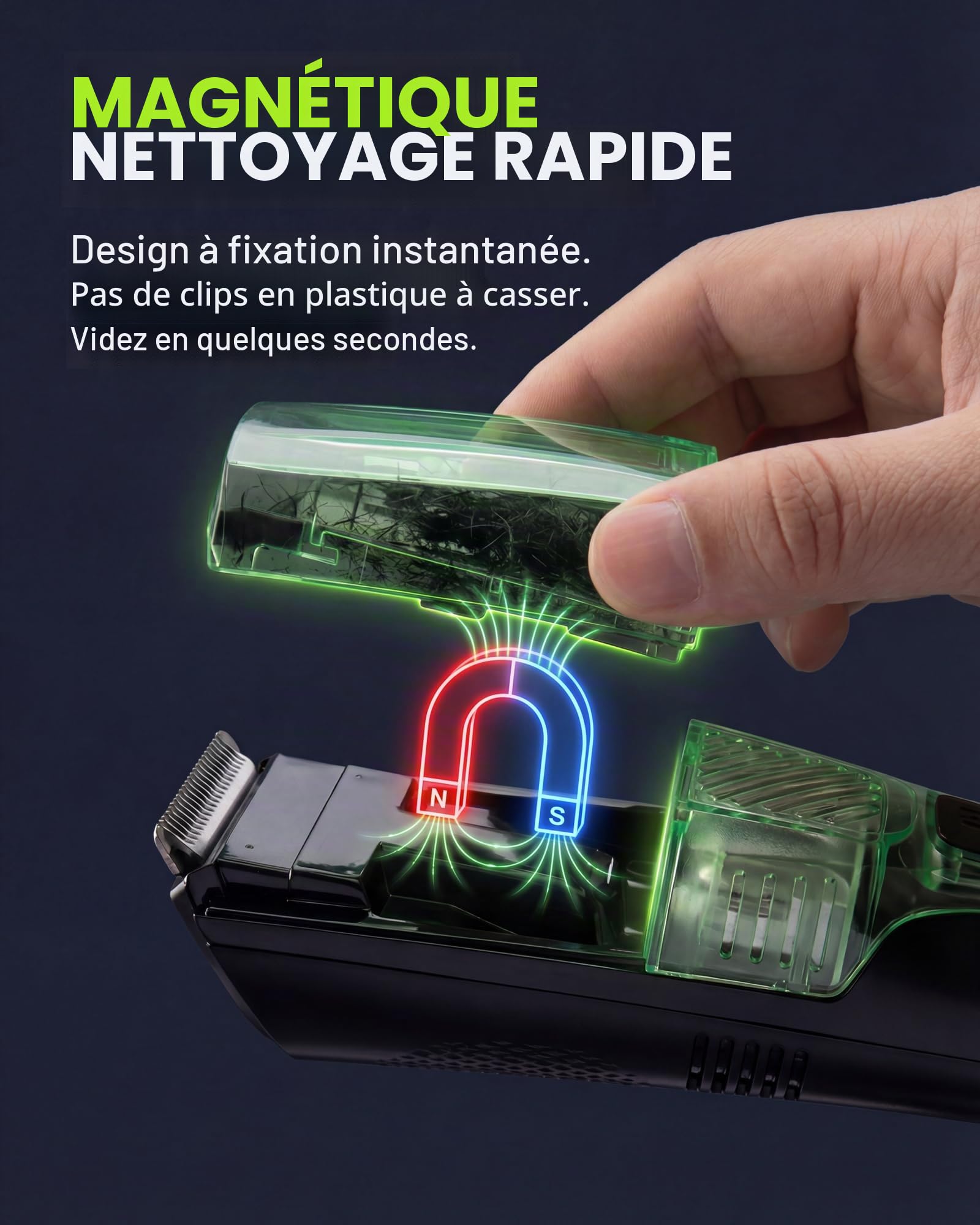 Tondeuse à barbe pour homme – 2 vitesses d'aspiration et puissance réglables, IPX6 étanche humide/sec, sans fil, 40 réglages de longueur (0,5 à 20 mm), charge rapide USB-C, bac magnétique facile à