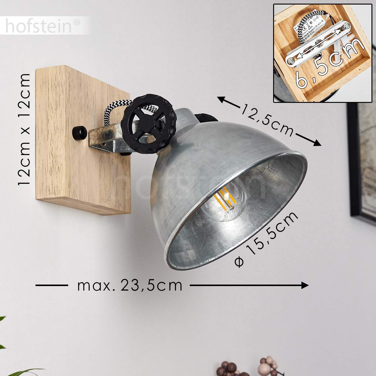 Lampada da parete Svanfolk, lampada da parete in metallo e legno in argento/marrone, 1 luce, con faretto regolabile, 1 attacco E14, design retro/vintage, senza lampadina/e