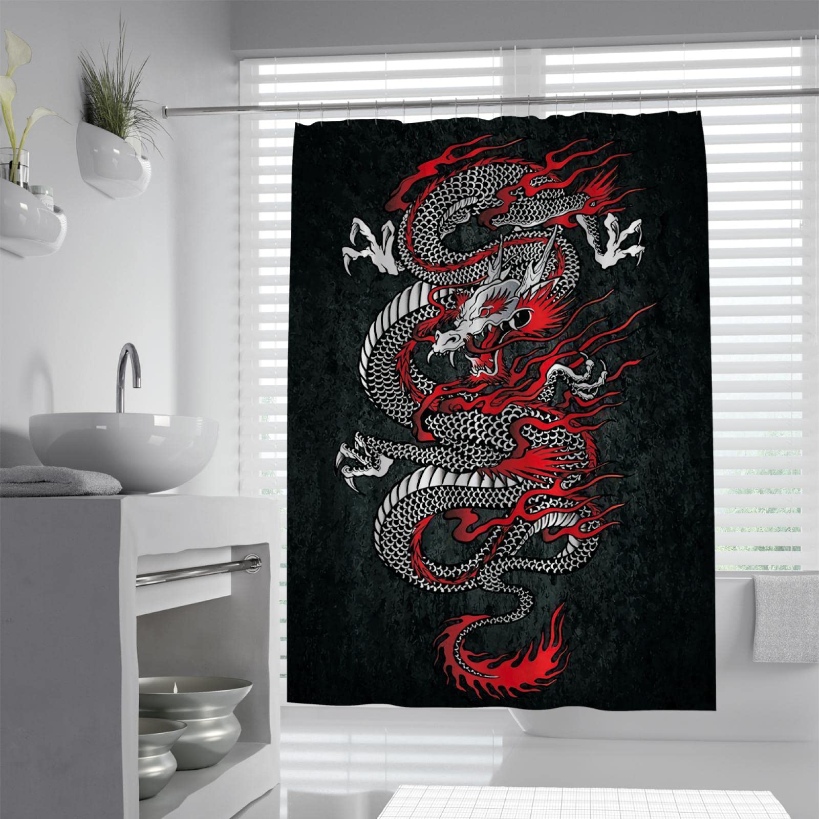 Juego de Cortinas de Ducha Chinas Patrón de dragón Rojo Blanco y Negro Impreso Cortinas de baño Frescas Poliéster Impermeable con Ganchos 180x200 cm