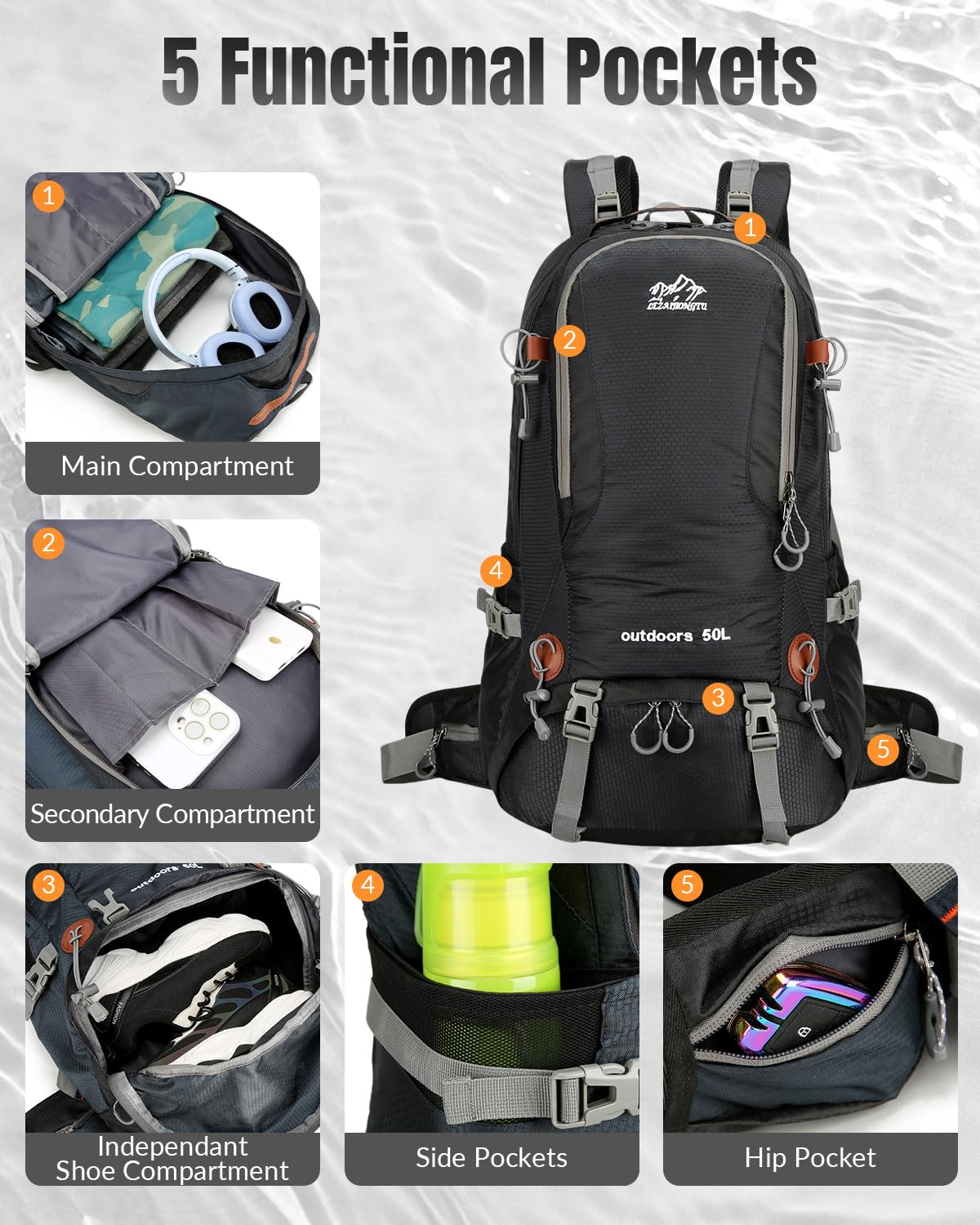 Mochila de senderismo con marco interno para hombres y mujeres, mochila impermeable de 40 L con sistema de suspensión y compartimento para zapatos, mochila ligera de camping para camping