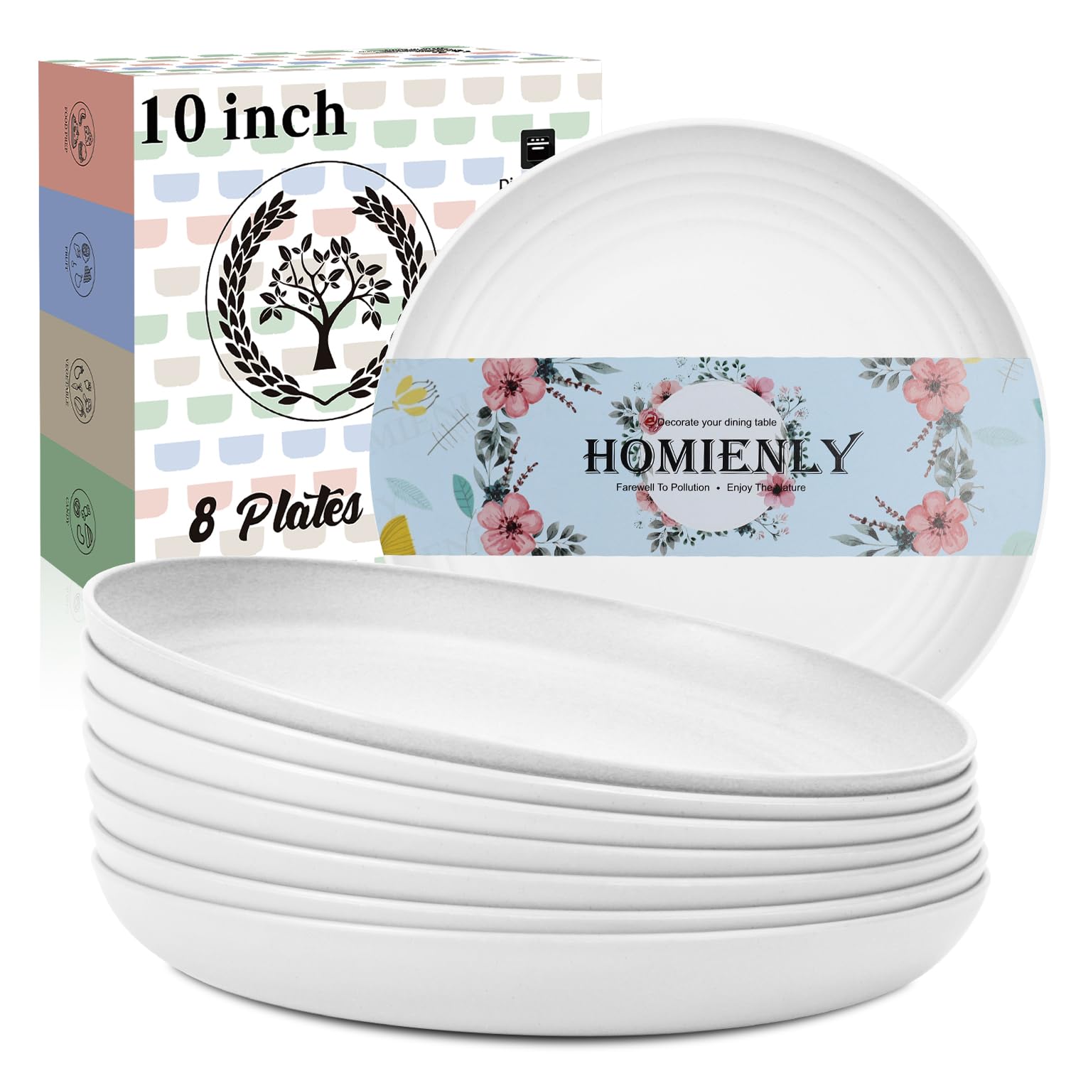 Homienly Deep Dinner Plates, Wheat Straw Plates 10 inch Set of 8, Unbreakable Plates for Kitchen, Kids, Lightweight Microwave and Dishwasher Safe Camping Plate Set for Salad, Dinner, Fruit - White