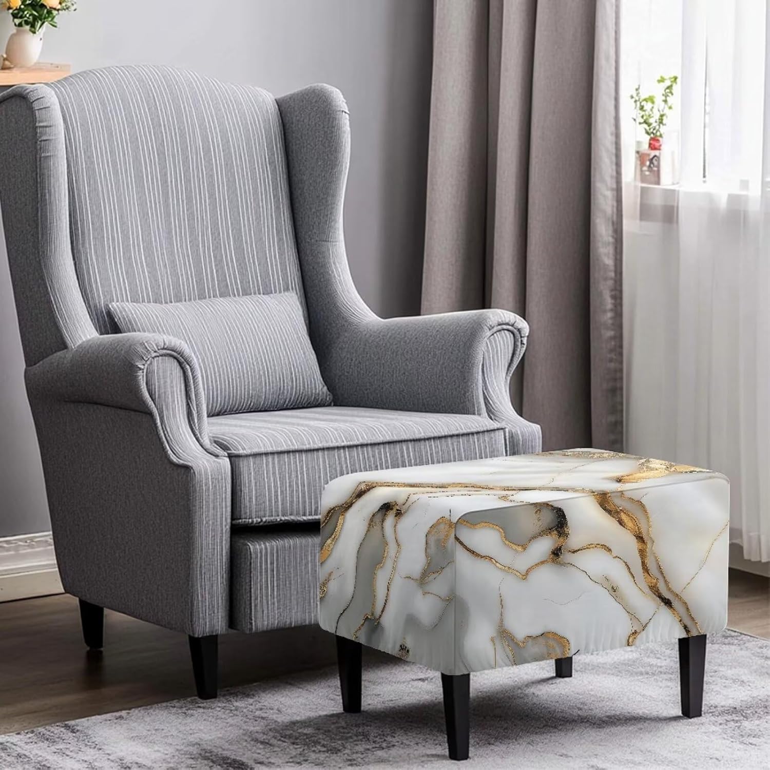 White Marble Texture Ottoman Cover Waterproof Rectangle Ottoman Slipcovers Soft Storage Foot Rest Cover with Elastic Bottom Folding Storage Stool Furniture Protector