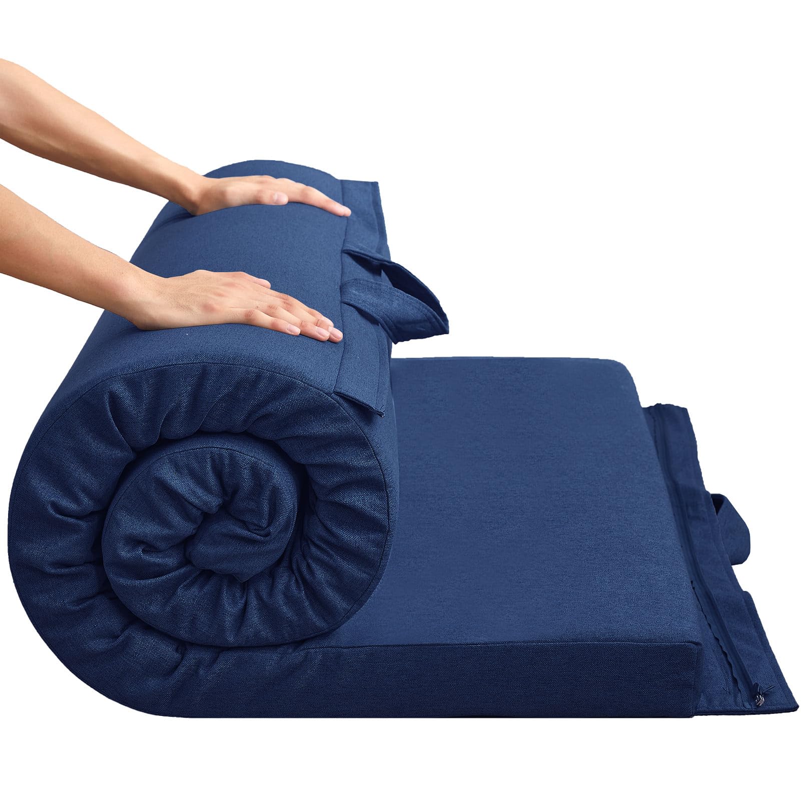 MAXYOYO Matelas Futon Portable, Pliable, en Tissu Hypoallergénique et Mousse épaisse, avec Poignée et Fermeture éclair, pour l'extérieur, Le Camping, Les Invités, la Voiture, Bleu Marine, 90x190cm