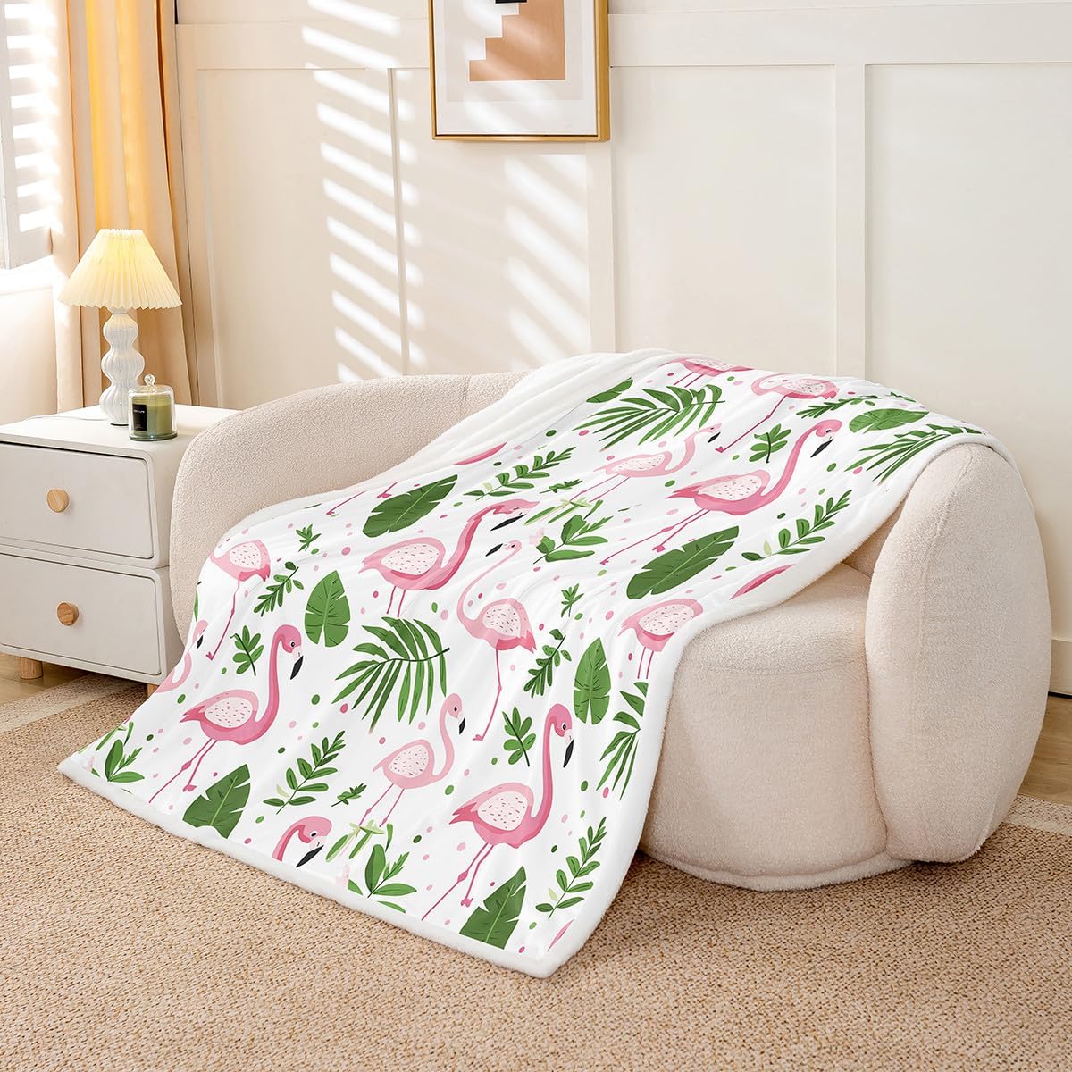 Flamingo Sherpa Blanket Pink Flamingo Fleece Throw Blanket for Kids Tropical Flamingo Pattern Plush Blanket Plam Leaf Fuzzy Blanket Twin 60"x80"