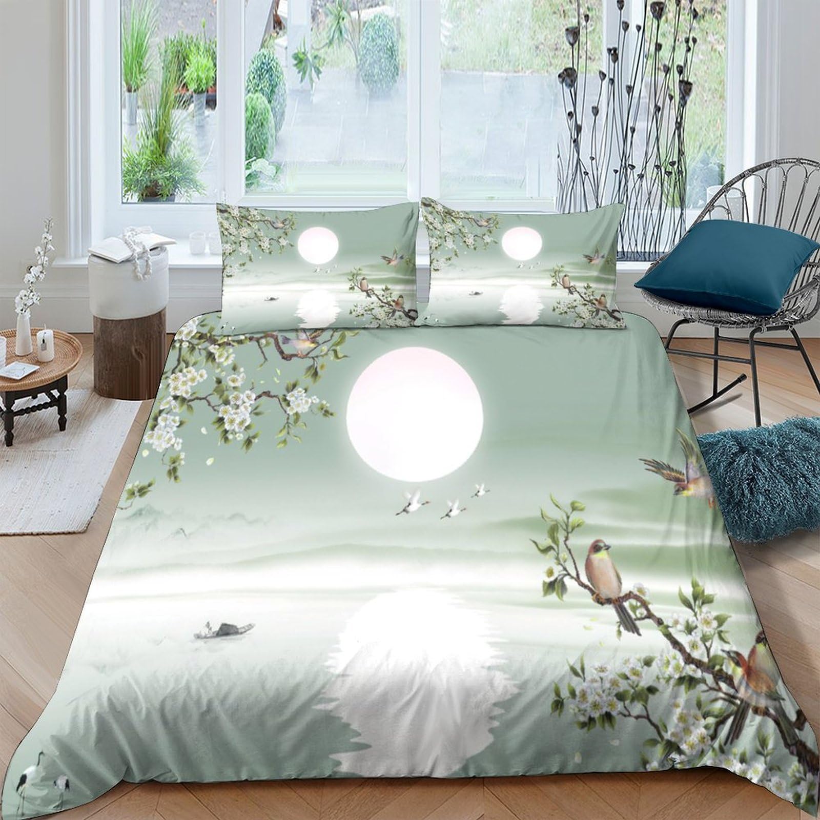 Ctjqhvkz Style-3 3D Printed Misty Sunrise Fitted Sheet Microfiber Soft Breathable Bird Branch Mattress Cover For Bedroom Dorm Home Decor Single（135X200cm）