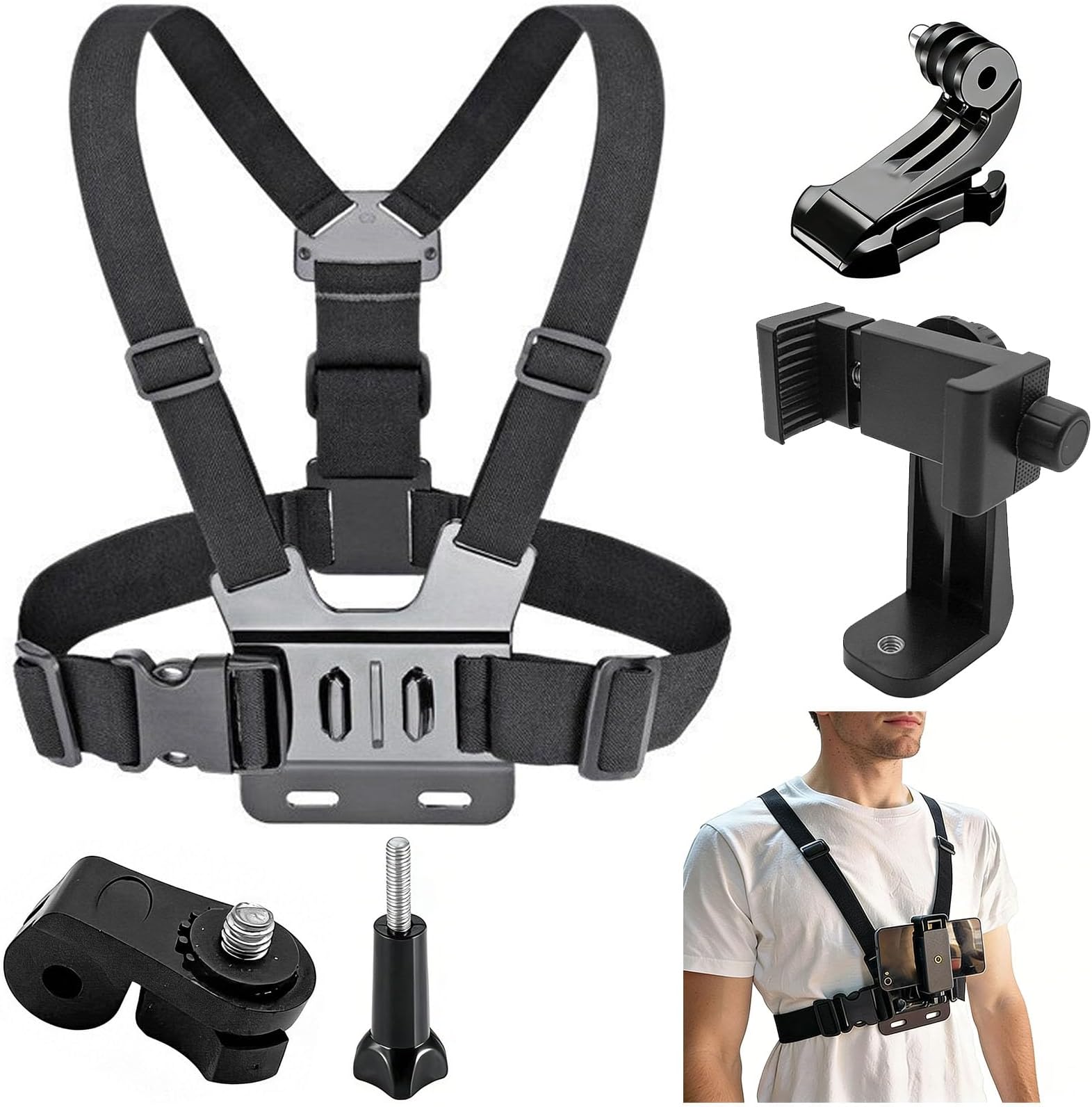 Adjustable Mobile Phone Chest Strap Harness Mount, Black, Compatible with iPhone, GoPro Hero, DJI Osmo Action Cameras