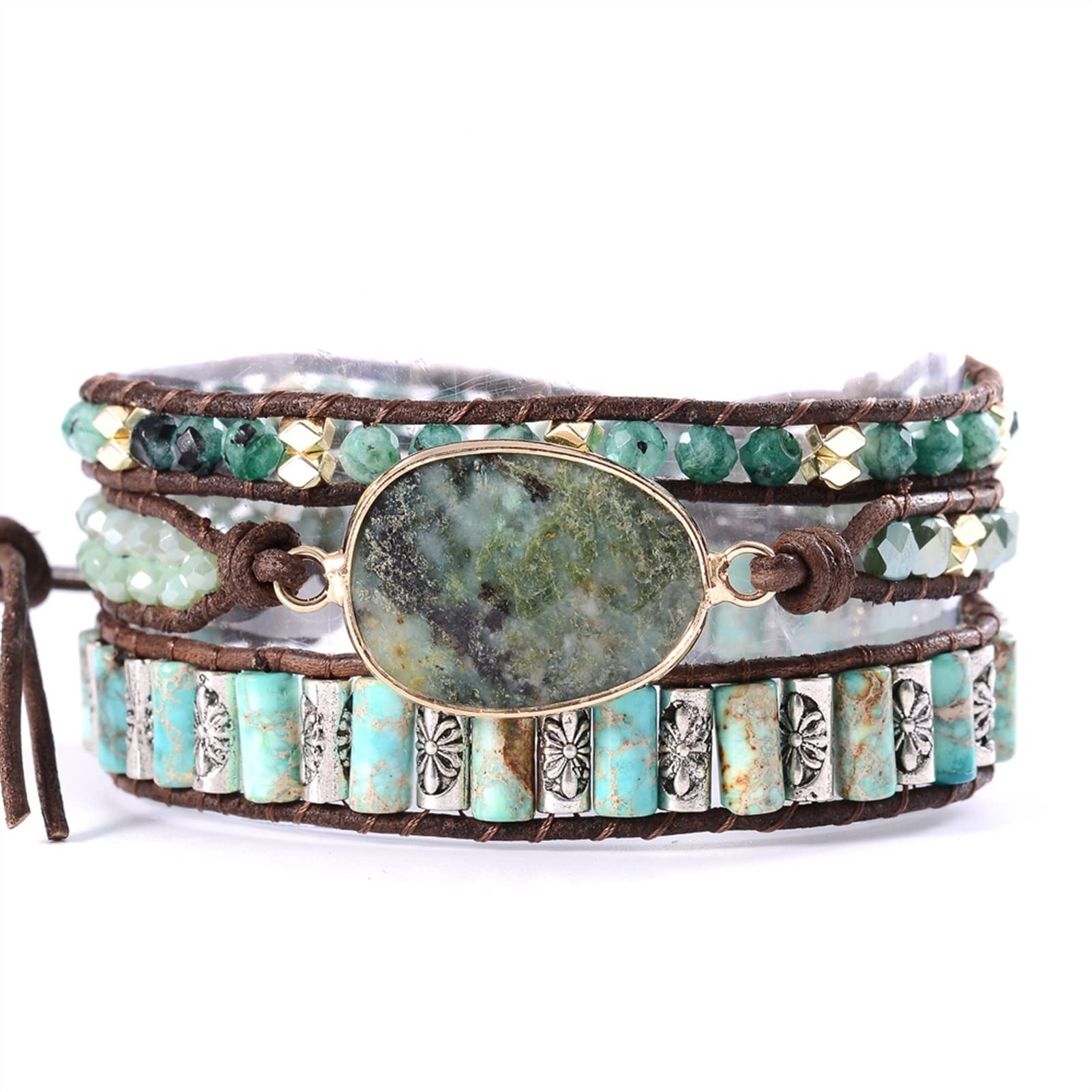 LYGBAOFUL Pulseras Piedras Naturales africanas Cuentas de Metal Vintage Triple hebras Pulseras de Cuero joyería