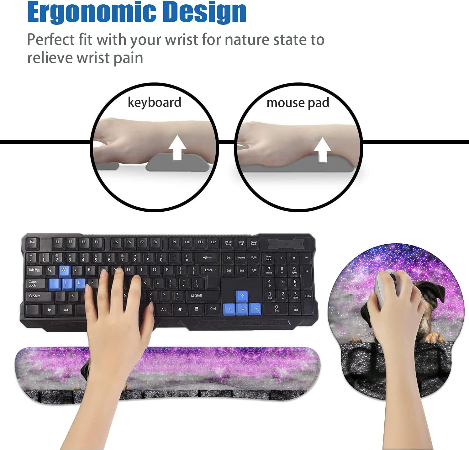 Keyboard Wrist Rest and Mouse Pad Wrist Support Set with Coasters, Non-Slip PU Base Ergonomic Gaming Mousepad for Home Office Working Studying Easy Typing & Pain Relief - Cute Pug