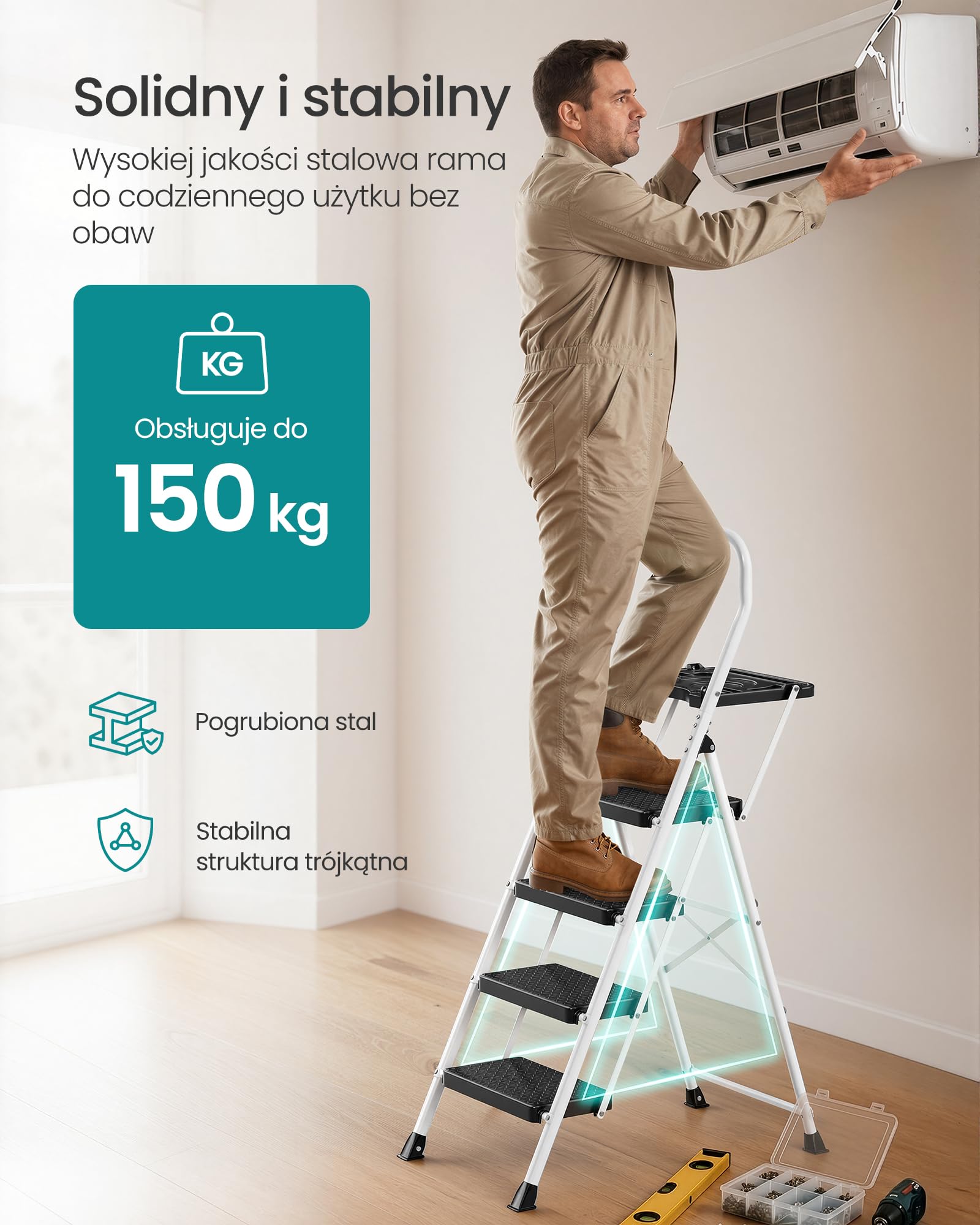 SONGMICS Drabina Składana, Stalowa, Nośność 150 kg, 161 x 45,5 x 7,5 cm | Drabina Domowa z Antypoślizgowymi Stopniami, Certyfikat GS, do Domu i Biura, Czarna, Kolekcja BRODY GSL204WZ01