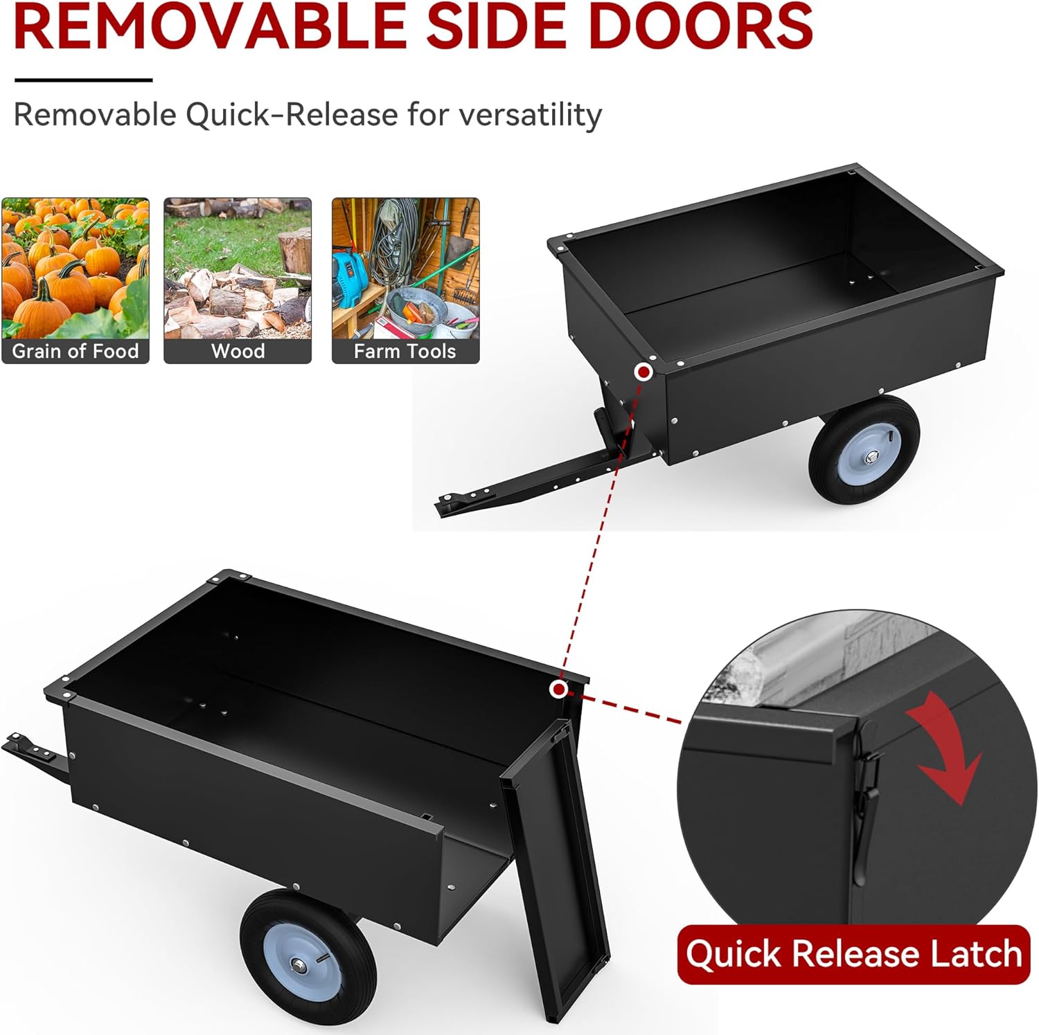 Image showing the removable side doors of the YITAMOTOR dump cart, highlighting the quick-release latch mechanism and examples of materials like grain, wood, and farm tools.