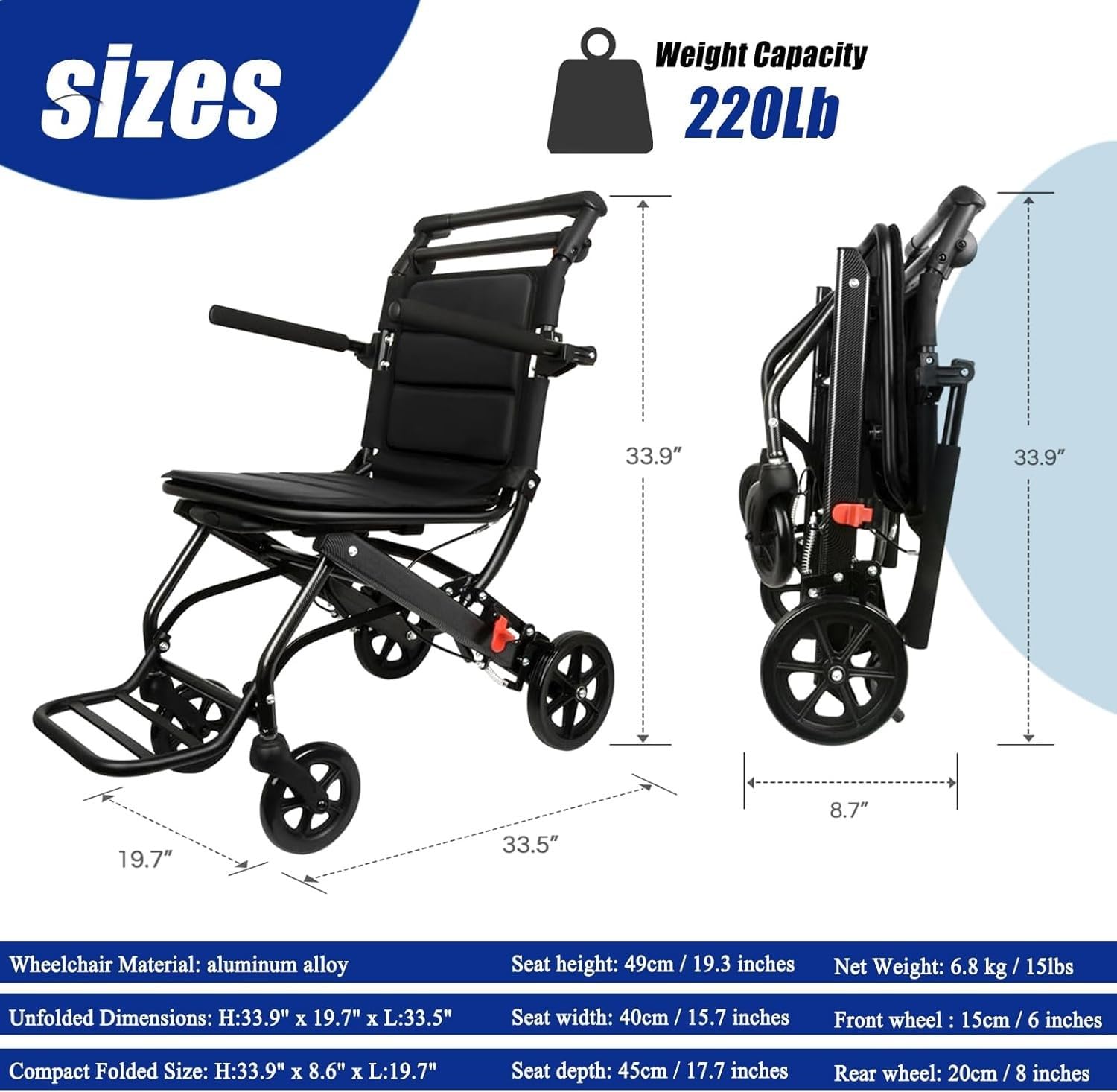 Silla Ruedas Transporte Ultraligera,Sillas Ruedas Transporte Plegables para Adultos Las Más Ligeras Solo 15 Libras con Mango Telescópico,Silla Ruedas Viaje