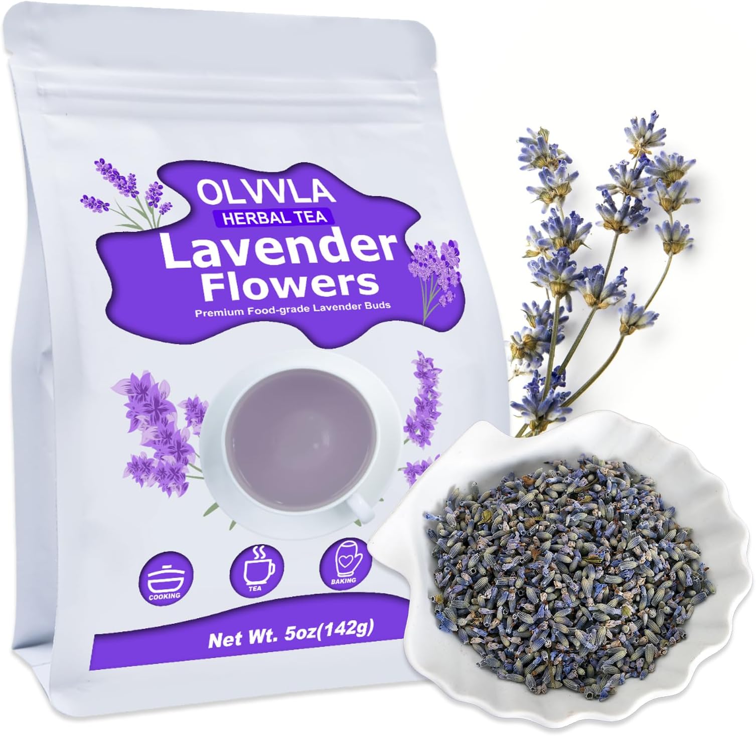 Olvvla - Dried Lavender Flowers - 5oz/142g - Fragrant Food-Grade Lavender Buds - Perfect for Tea, Baking, Lemonade, Relaxing, Sleeping Well