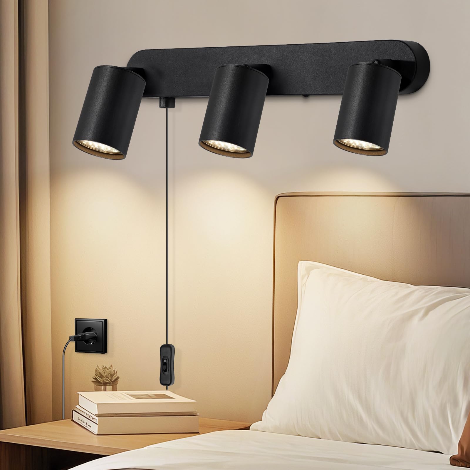 Dehobo Wandlampe mit Stecker 3 Flammig GU10 - Drehbare 350°Schwarz Wandleuchte Innen mit Schalter - Wandleuchte Schlafzimmer mit Stecker für Schlafzimmer Wohnzimmer Korridor Ohne Leuchtmittel